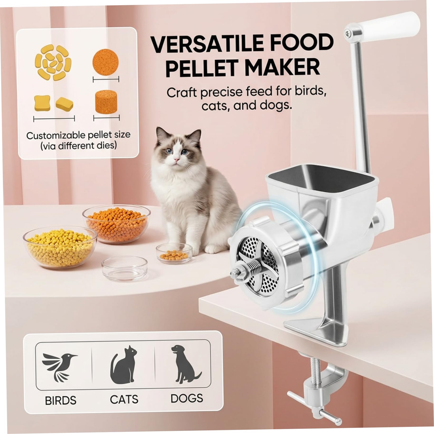 Macchina per mangime a pellet, Macchina per alimenti per animali domestici in acciaio inossidabile con 4 lame e 1 piastra a pellet, Mulino regolabile per cibo fatto in casa per cani, gatti