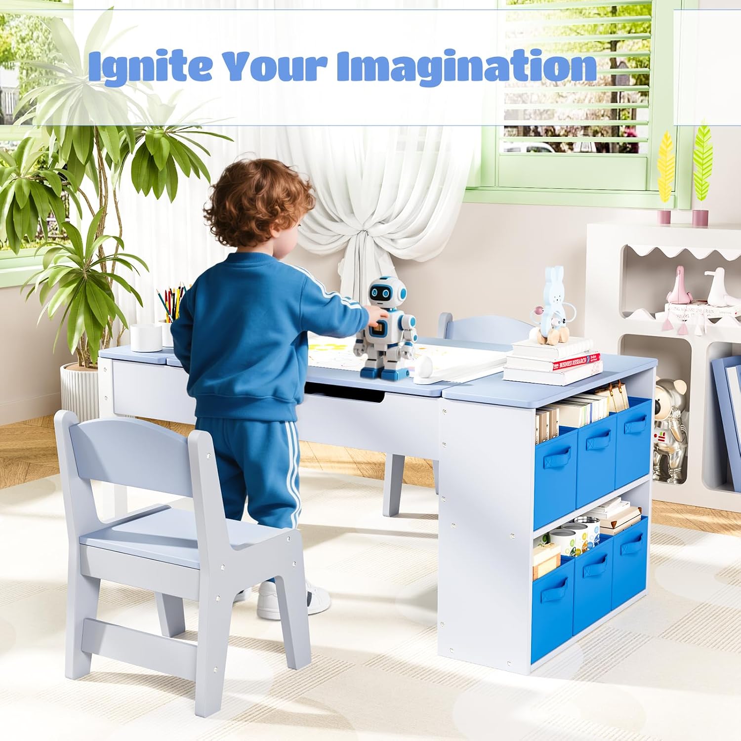 MAMIZO 3 in 1 Kids Art Table and Chair Set, Versatile Tabletop Large Storage, Sturdy, Wood Toddler Activity Desk with 6 Paint Cups, 6 Storage Bins & Paper Roll for Draw, Write, Play, Crafts