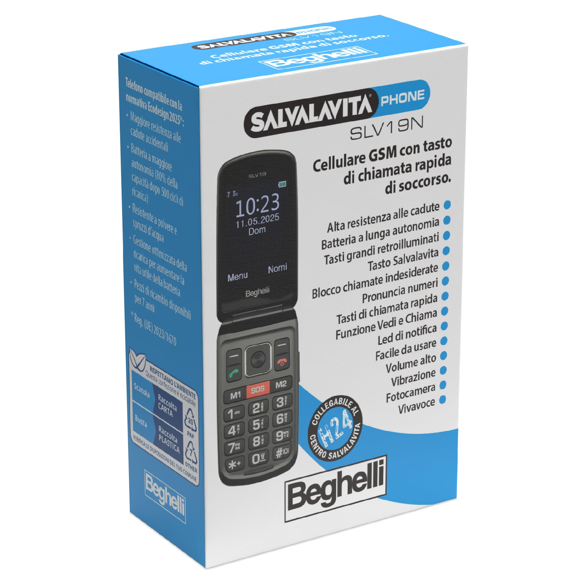 Beghelli Telefono Salvavita per Anziani, Salvalavita Phone SLV19N ECO - Telefono Cellulare GSM con Tasto SOS, Tasti Grandi Retroilluminati, Display 2.8”, Fotocamera, Torcia, Radio FM (Colore Nero)