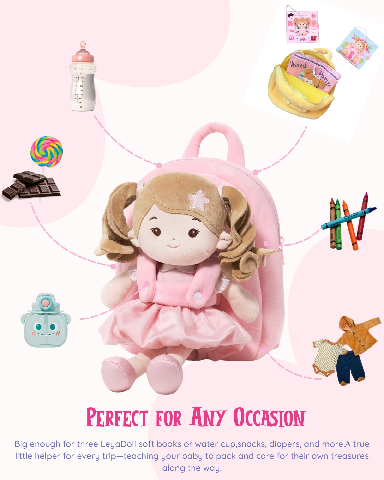 LeyaDoll Personalisiertes, weiches Baby-Puppen-Rucksack-Set, 1 Jahr altes Mädchen, Geschenke | Inklusive pinker Geschenktüte, Schlafenszeit Buddy für Kleinkinder, gesticktes Gesicht und butterweich, maschinenwaschbar