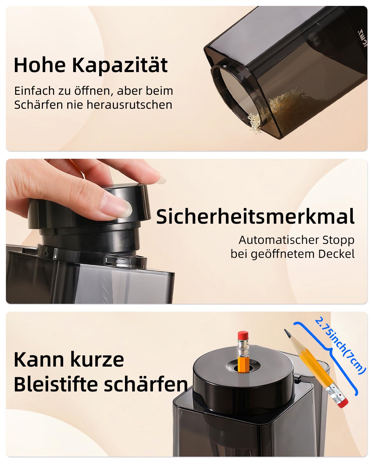 ZMOL Vollautomatischer Elektrischer Anspitzer für dicke und dünne Stifte, Handsfree & Auto-Stopp, USB-C Wiederaufladbar, Spitzer Elektrisch mit Behälter, für Kinder, 6–12mm, Schule/Büro/Haus