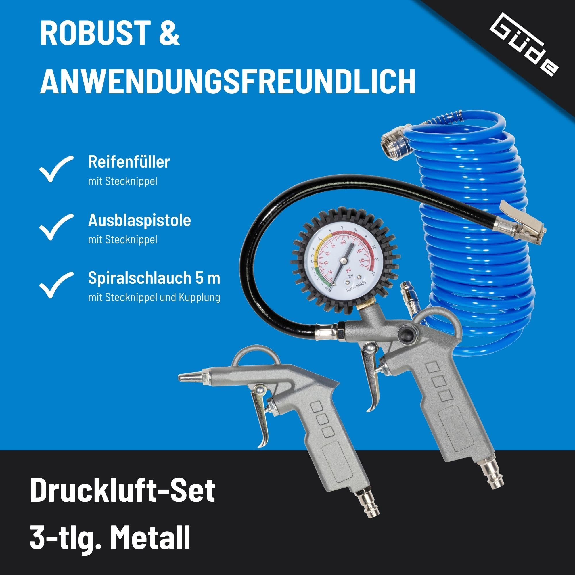 Güde 160/08/2 ST Wandkompressor mit Druckluft-Set - 230 Volt, 2 Liter Kessel, 1100 Watt, max. Druck 8 bar, eff. Liefermenge bei 0 bar 90 l/min, inkl. Reifenfüller, Ausblaspistole, 5 m Spiralschlauch