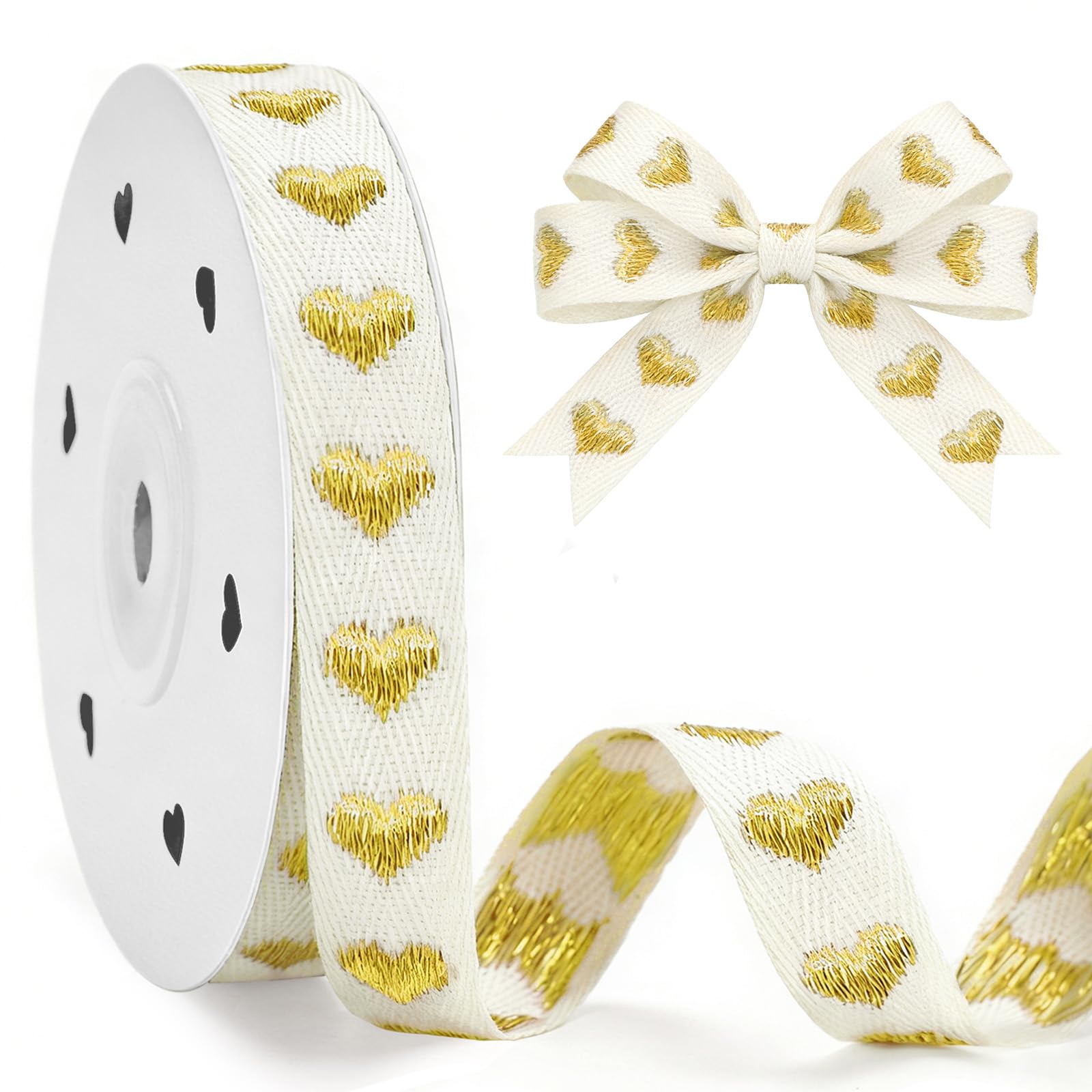 jijAcraft Gold Heart Cotton Ribbon: 15mm Embroidered Hearts Ribbon for Gift Wrapping, 10yards Soft Heart Decorative Ribbons for Valentine’s Day, Wedding, Birthday, Floristry, DIY Crafts