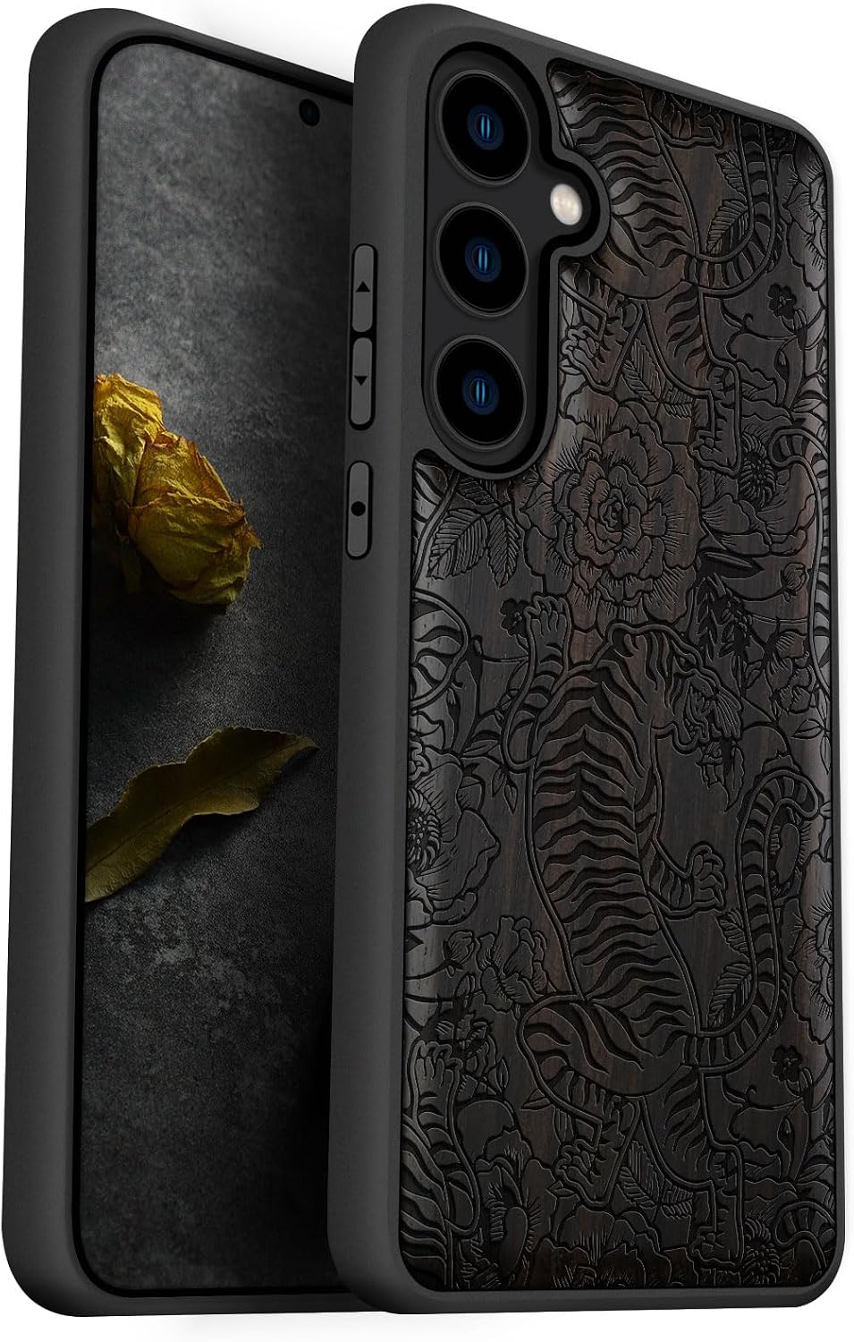 Carveit Wood Case for Galaxy S24 Case 2024 [Natural Wood & Black Soft TPU] Shockproof Protective Cover Unique Wooden Case Compatible with Samsung S24 Case (Tiger Amidst Flowers-Blackwood)