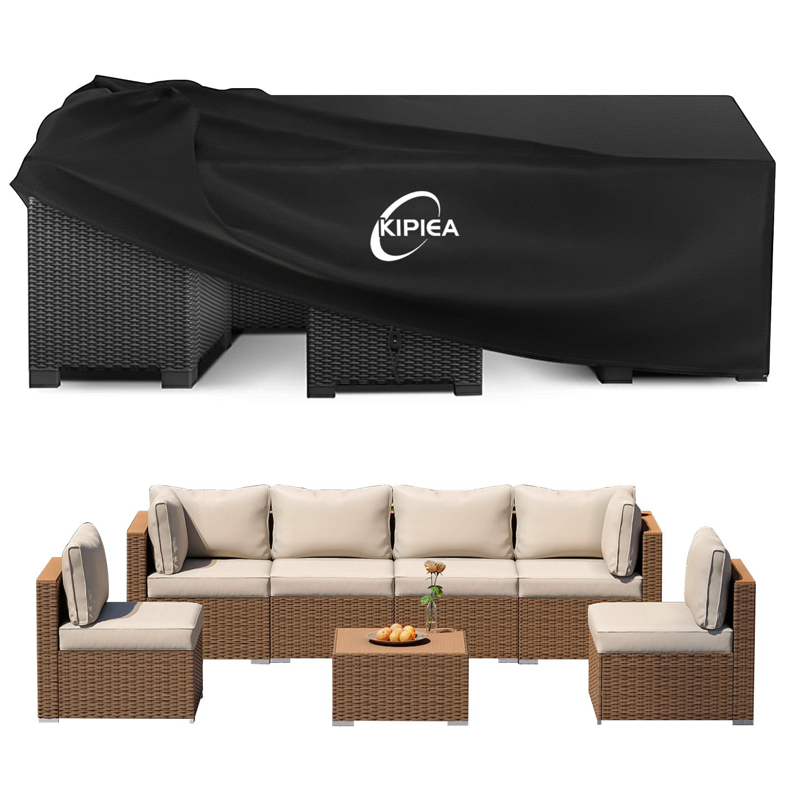 Kipiea Large Outdoor Garden Furniture Covers Waterproof, Heavy Duty 420D Rattan Garden Table Cover for Table & Chairs