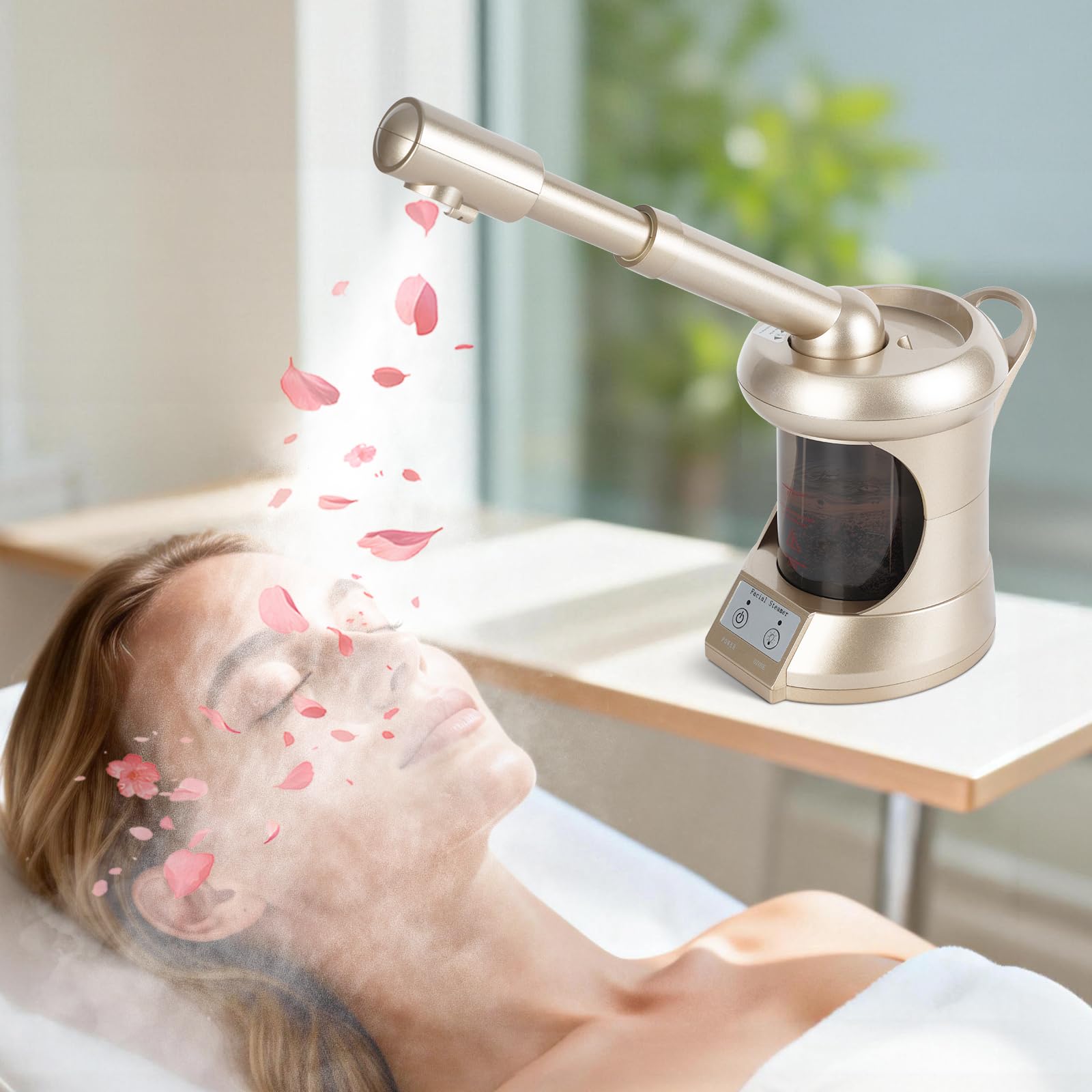 Professioneller Gesichtsdampfer mit mehr Dampf für Tiefenreinigung und Hydratation, Gesichtsdampfer mit ausziehbarem Arm, Dampfgarer für das Gesicht für Schönheit, Spa und Zuhause, Champagner-Gold