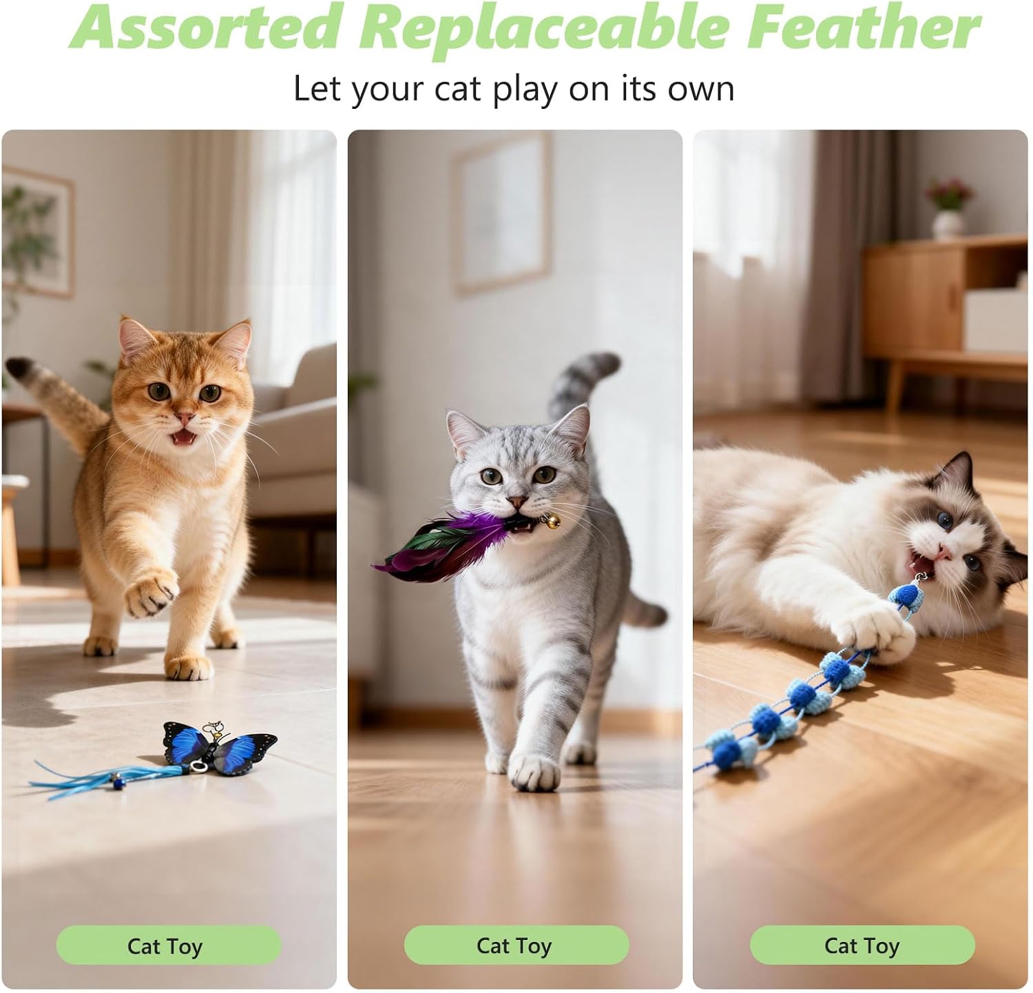 Cat Wand Refills, [9 Pack] Interactive Cat Toys Replacement with Feather, Worm, Ribbon, Caterpillar, Butterfly Attachments, Retractable Cat Teaser Wand Refill image 3