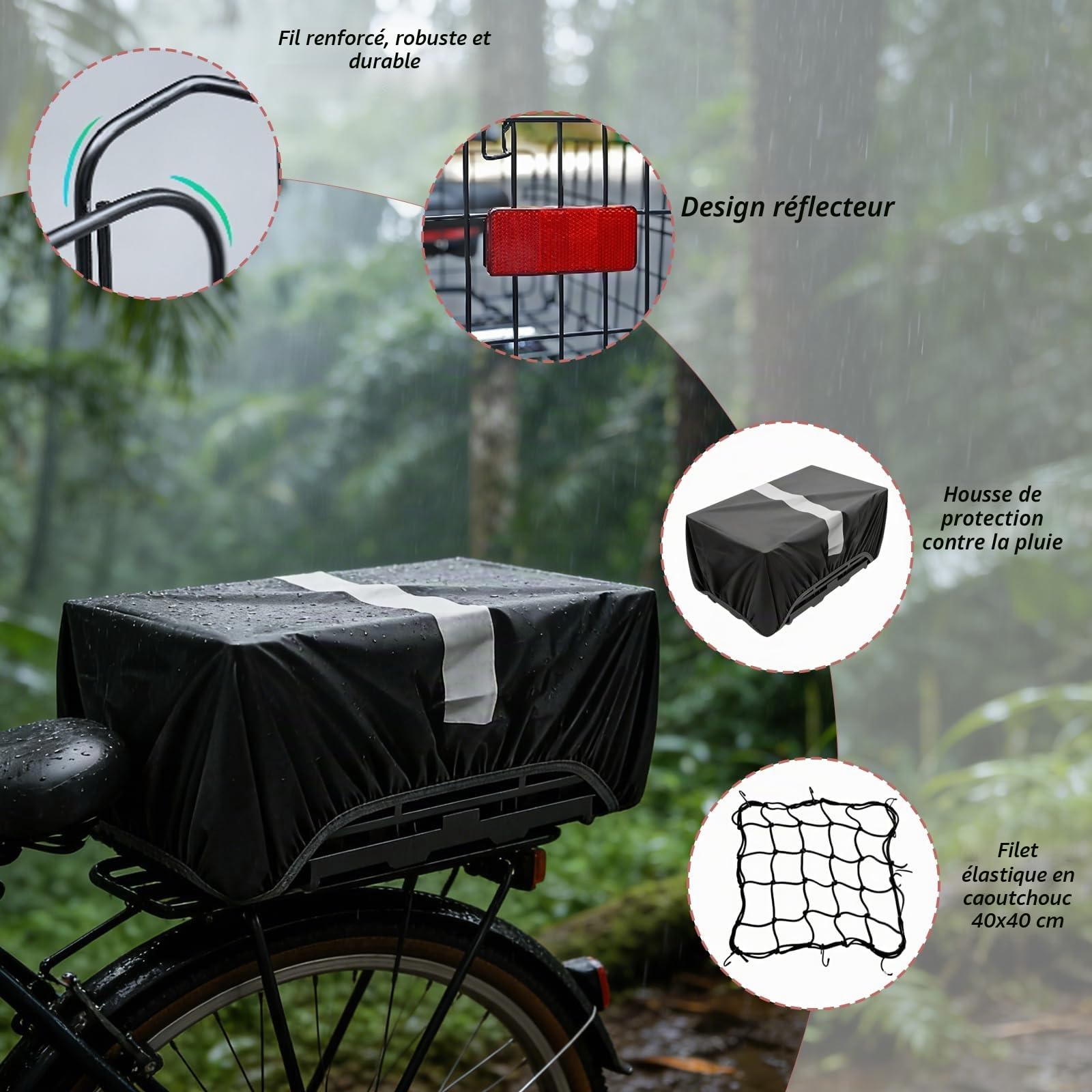 W&H Panier de vélo arrière pliable avec sac intérieur imperméable amovible, filet à bagages, housse étanche, bandes réfléchissantes