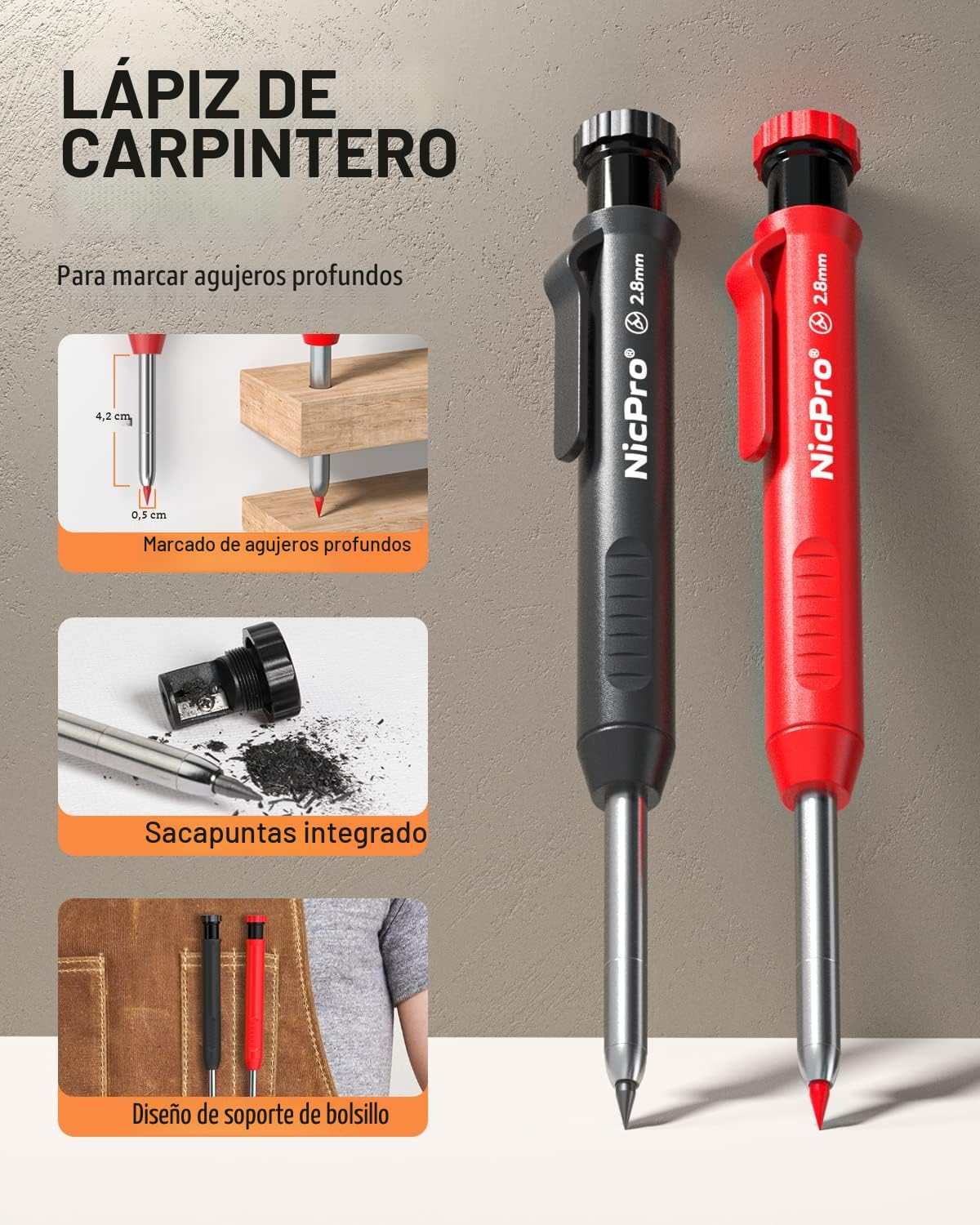 Nicpro 15 Piezas Lápices de Carpintero con Sacapuntas y Estuche, Lápices Mecánico con 40 Recambios, Perforadora Central Automática y Herramienta de Trazado Carburo, Portaminas Resistentes