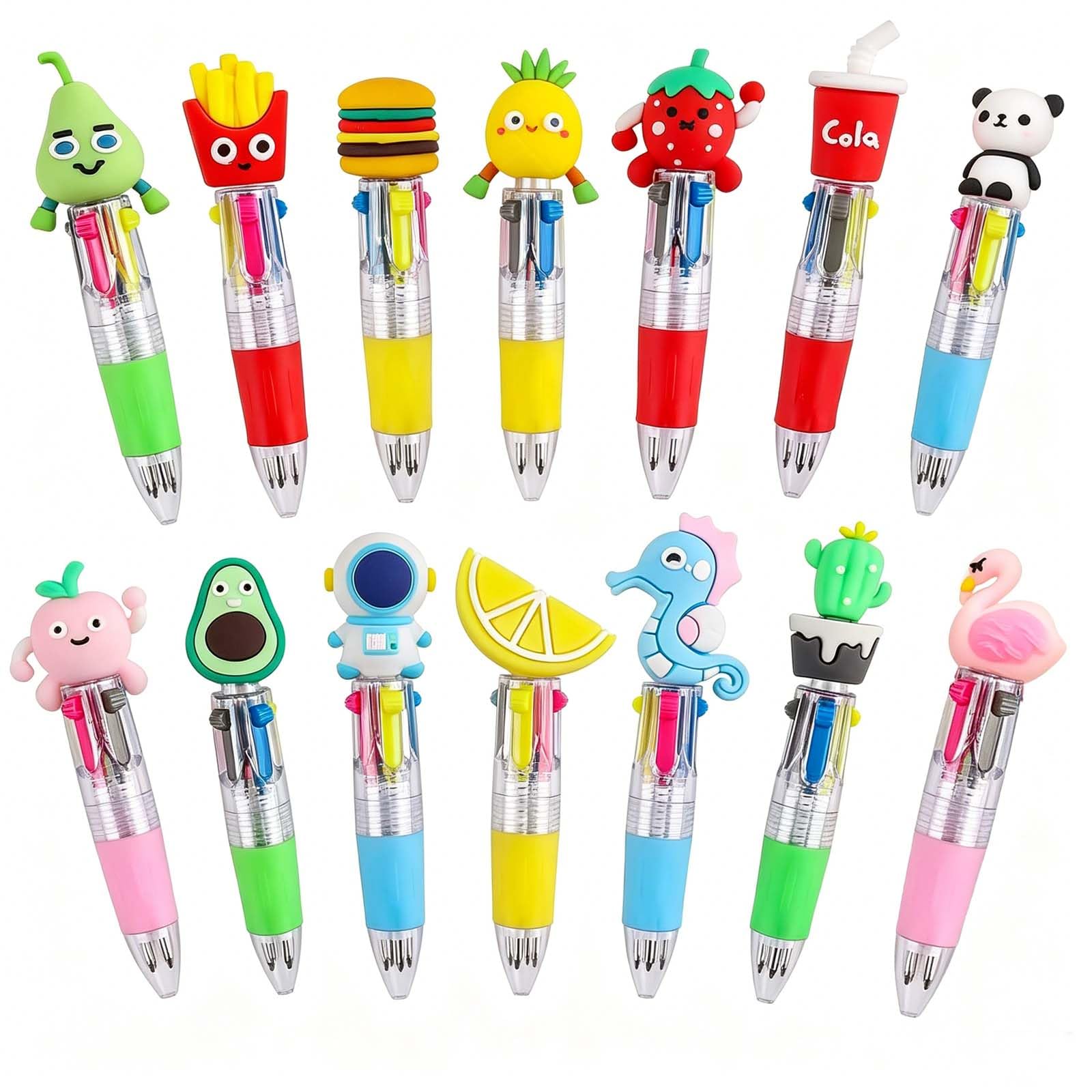14PCS 4 in1 Multicoloured Mini Pens, Fun Cartoon Retractable Ballpoint Pen