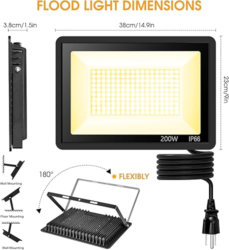 Miniatura 10 de Paquete de 2 luces LED de 100 W para exteriores, 3000 K, luz blanca cálida súper brillante, luces de seguridad de 11600 lm con enchufe, luz exterior