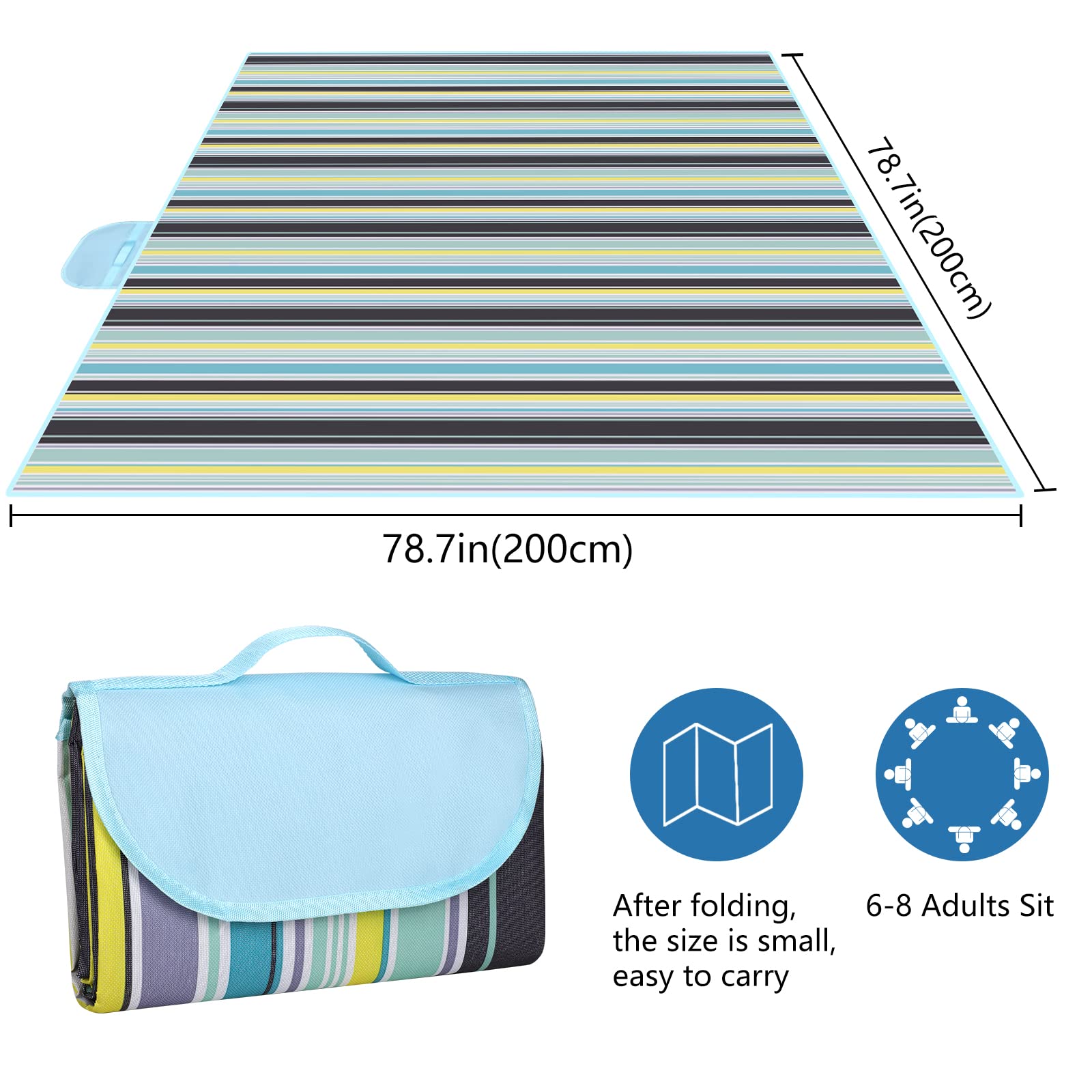 Eucomir Coperta da Picnic Portatile 200 x 200 CM Impermeabile Pieghevole con Manico,Unisex, Outdoor Giardino Campeggio,Strisce Blu