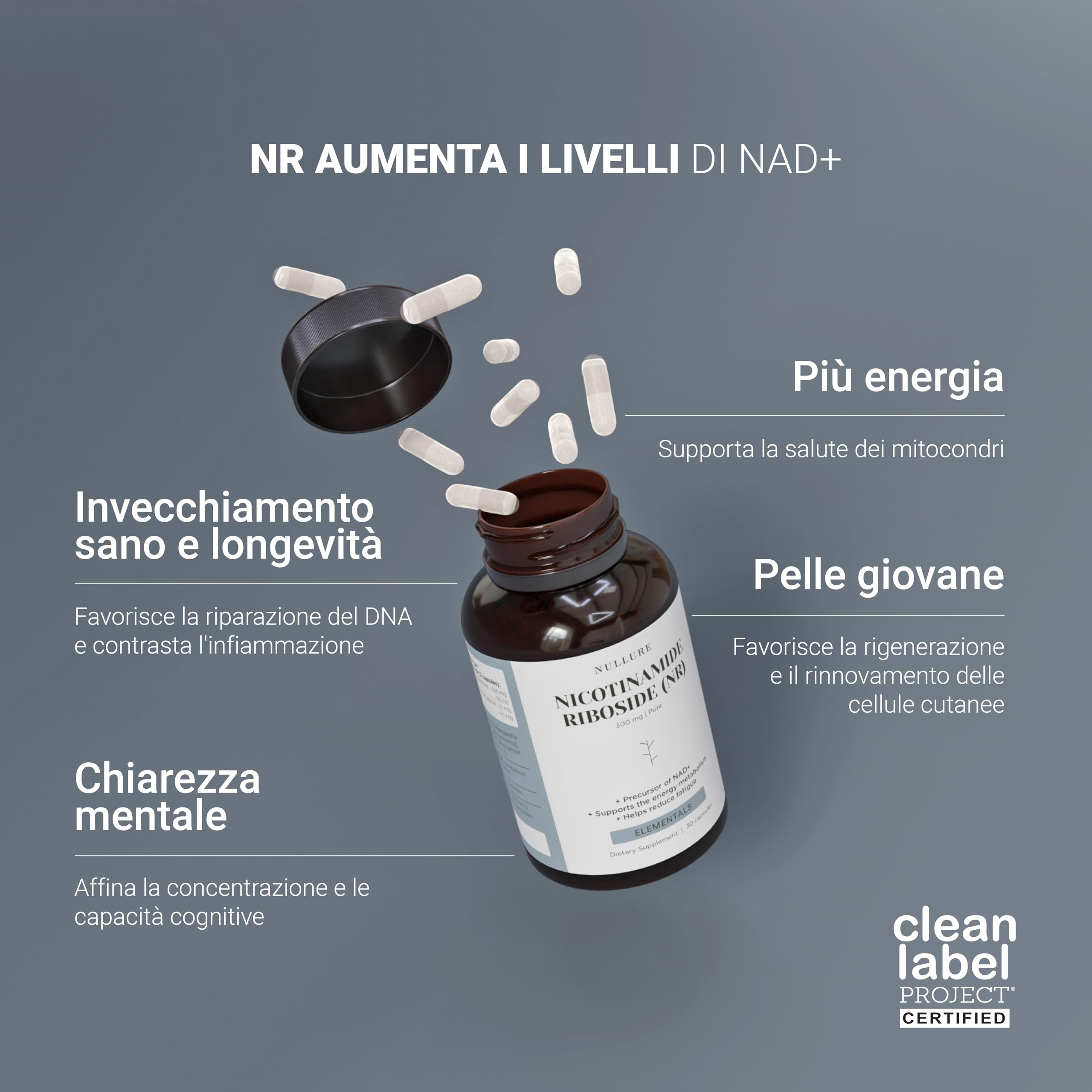 Nullure Nicotinamide Riboside (NR) puro 300mg | Senza stearato di magnesio e senza additivi | Precursore NAD+ | Testato in laboratorio tedesco | Antifatica · Anti-Età | Alternativa NMN | 90 capsule