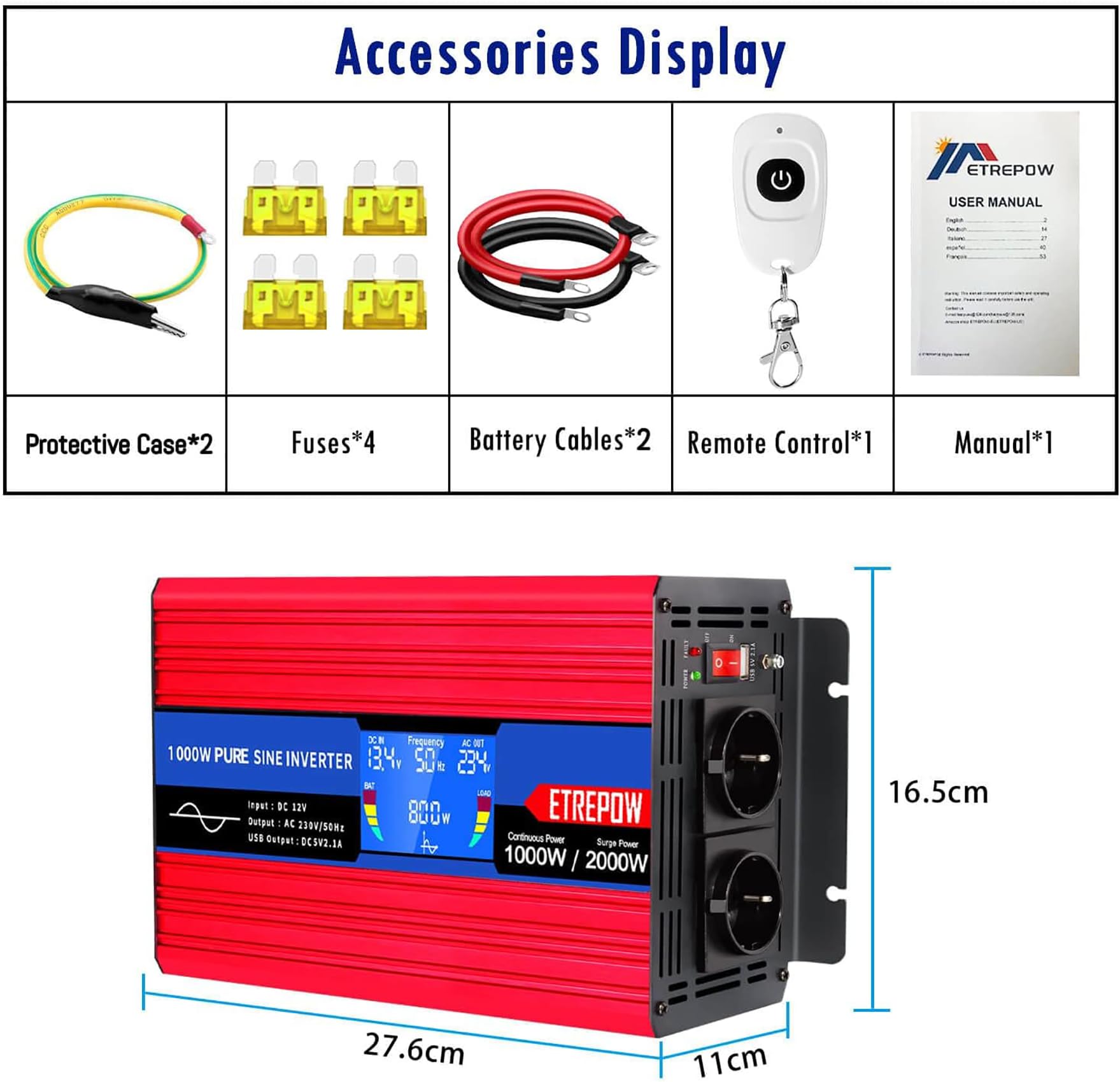 1000W Inverter 12V 220V Onda Sinusoidale Pura Trasformatore Con 2 Prese EU e USB, Telecomando Senza Fili,Display LCD,Picco 2000W