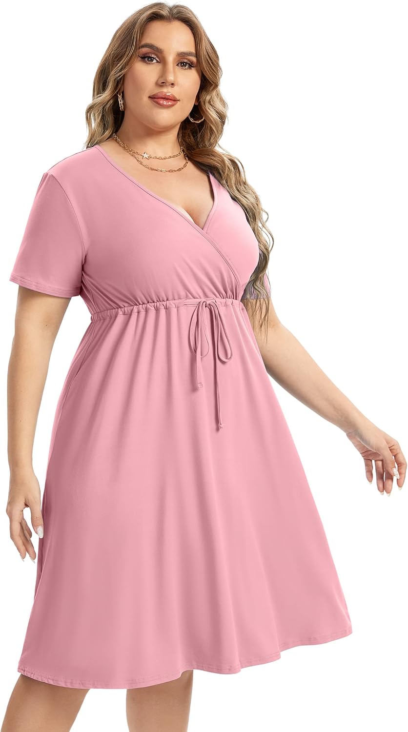 Plus Size Dress Women's V Neck A-Line Knee Length Wrap Mini Dress with Belt Plus Size Dresses for Curvy Womenpink-cs XX-Large