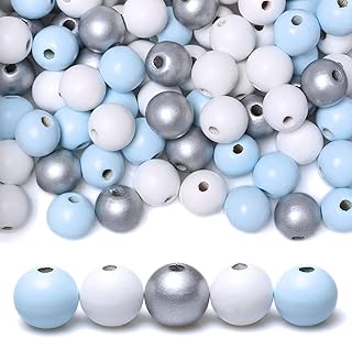 16mm Wood Beads for Farmhouse Garlands, 120 Pieces White/Silver/Light Blue Wooden Beads, Colorful Wood Round Spacer Bead for Home Decor/DIY Crafts
