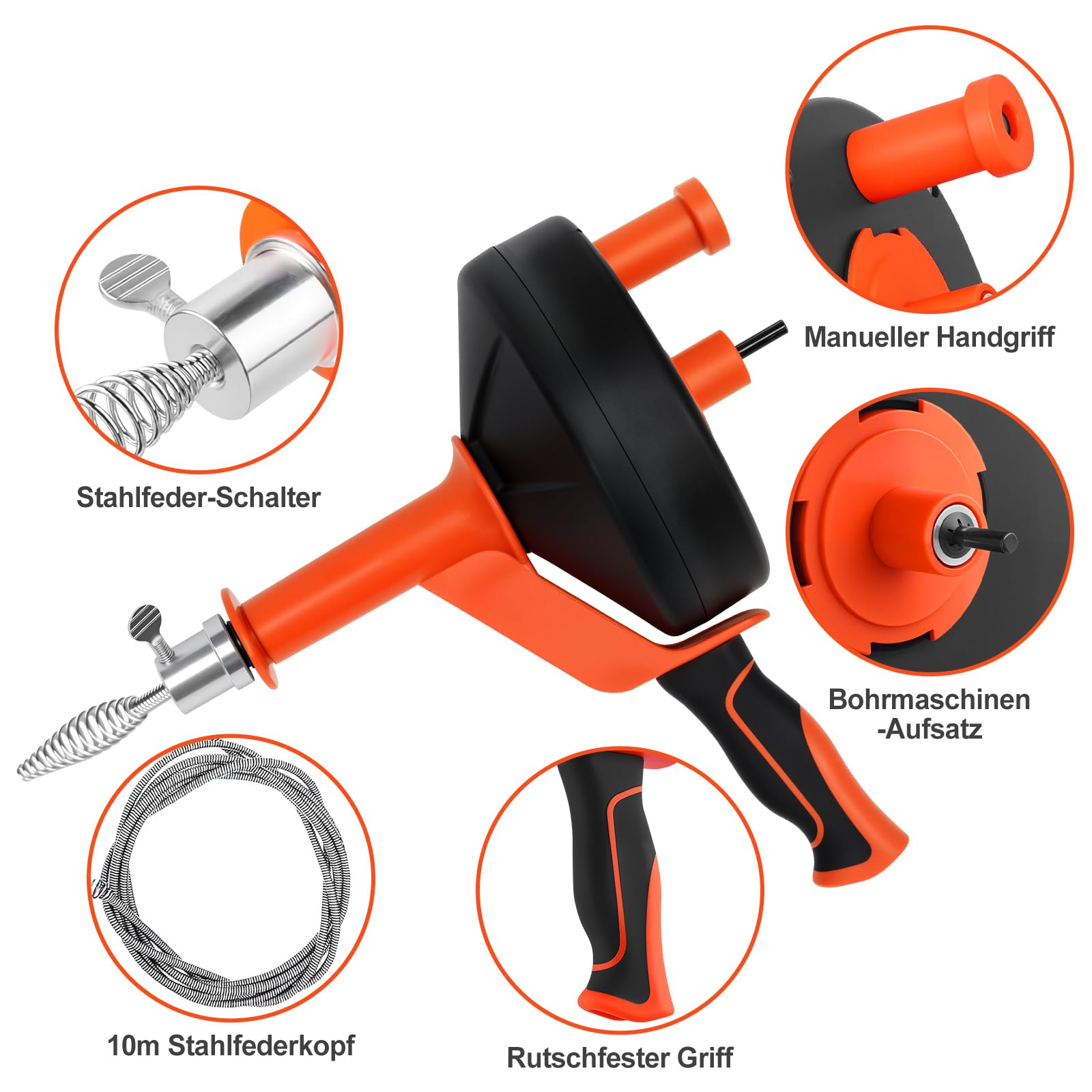SOARFLY Sonda Sturatubi 10 m, Molla Sturatubi Professionale Manuale & Elettrica con Attacco per Trapano, Stura Lavandini e Scarichi, per Cucina, Bagno, Lavandino