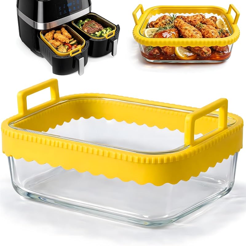Plat à gratin en verre de 1,4 l avec couvercle, poignées en silicone et anneau en silicone amovible, pour friteuse à air chaud, accessoires Airfryer, résistant à la chaleur et aux rayures