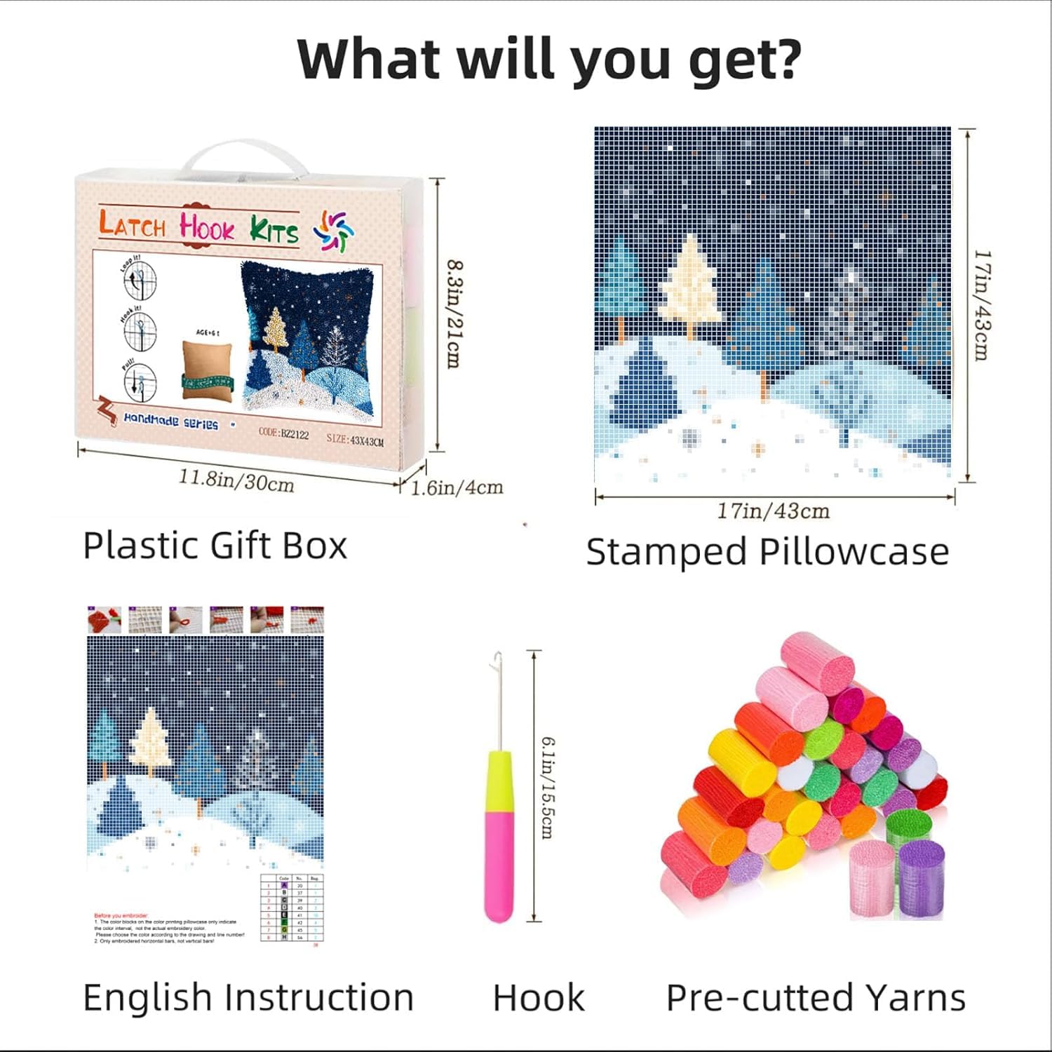 2 Pack DIY Latch Hook Pillow Kits for Adults Merry Christmas Winter Snow Pine Tree Pillow Cover Printed Pillowcase Crochet Yarns Hooking Handmade Cushion for Home Sofa Decoration 17x17inch