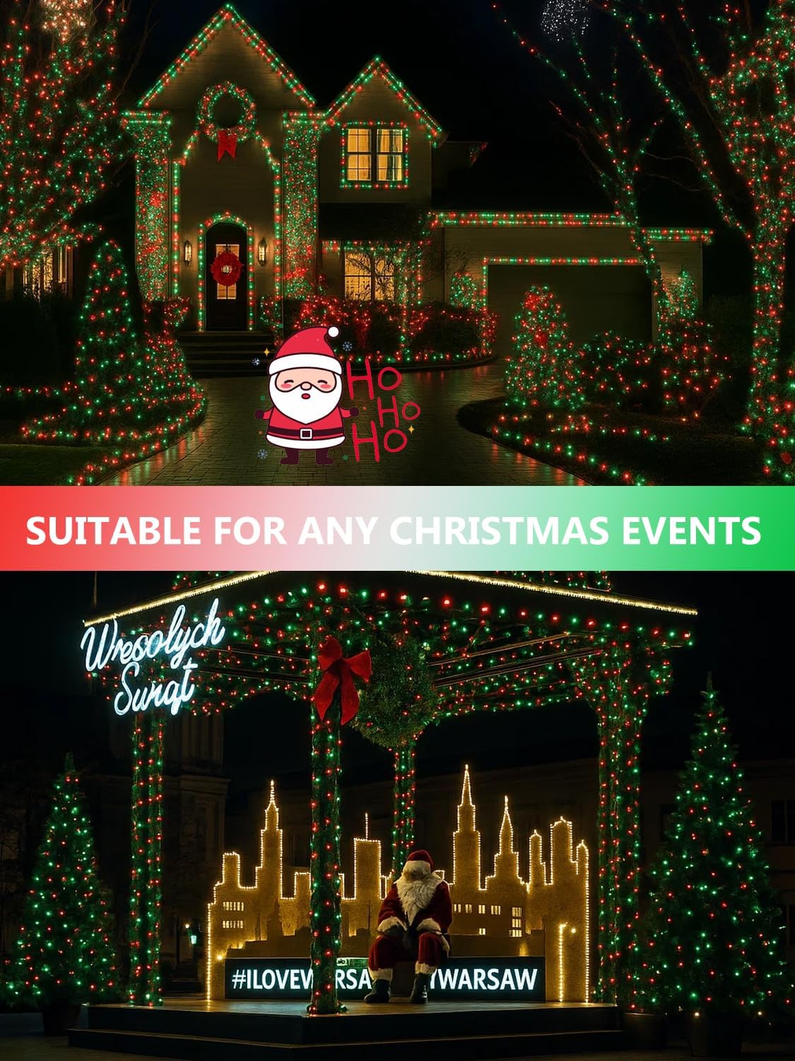 4 Pack Solar Christmas Lights Outdoor Waterproof, 132FT 400LED Solar String Lights Green Wire Fairy Lights, Solar Twinkle Lights with 8 Lighting Modes for Xmas Garden Decorations (Red&Green)