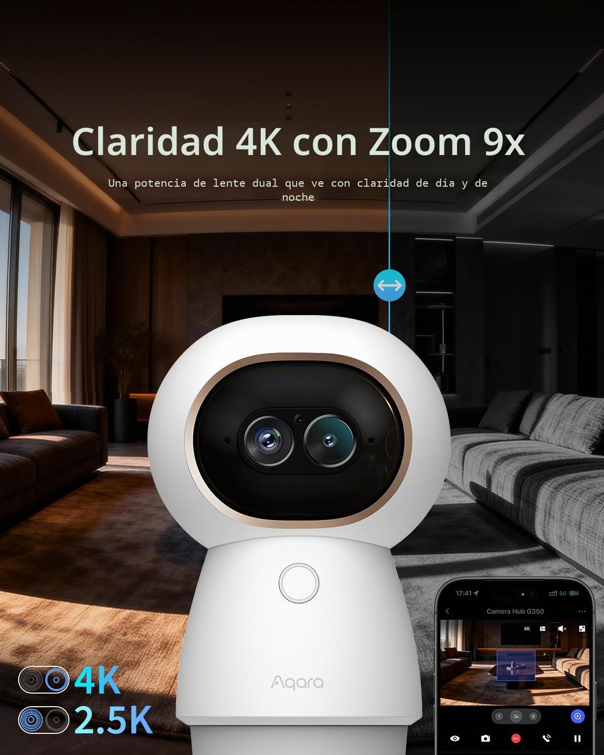 Aqara 4K PTZ Cámara Hub G350, Doble Lente, Zoom 9X, Hub Thread/Zigbee, Seguimiento Automático, Reconocimiento Facial y de Gestos, Compatible HomeKit Secure Video, Alexa, Google Home y SmartThings