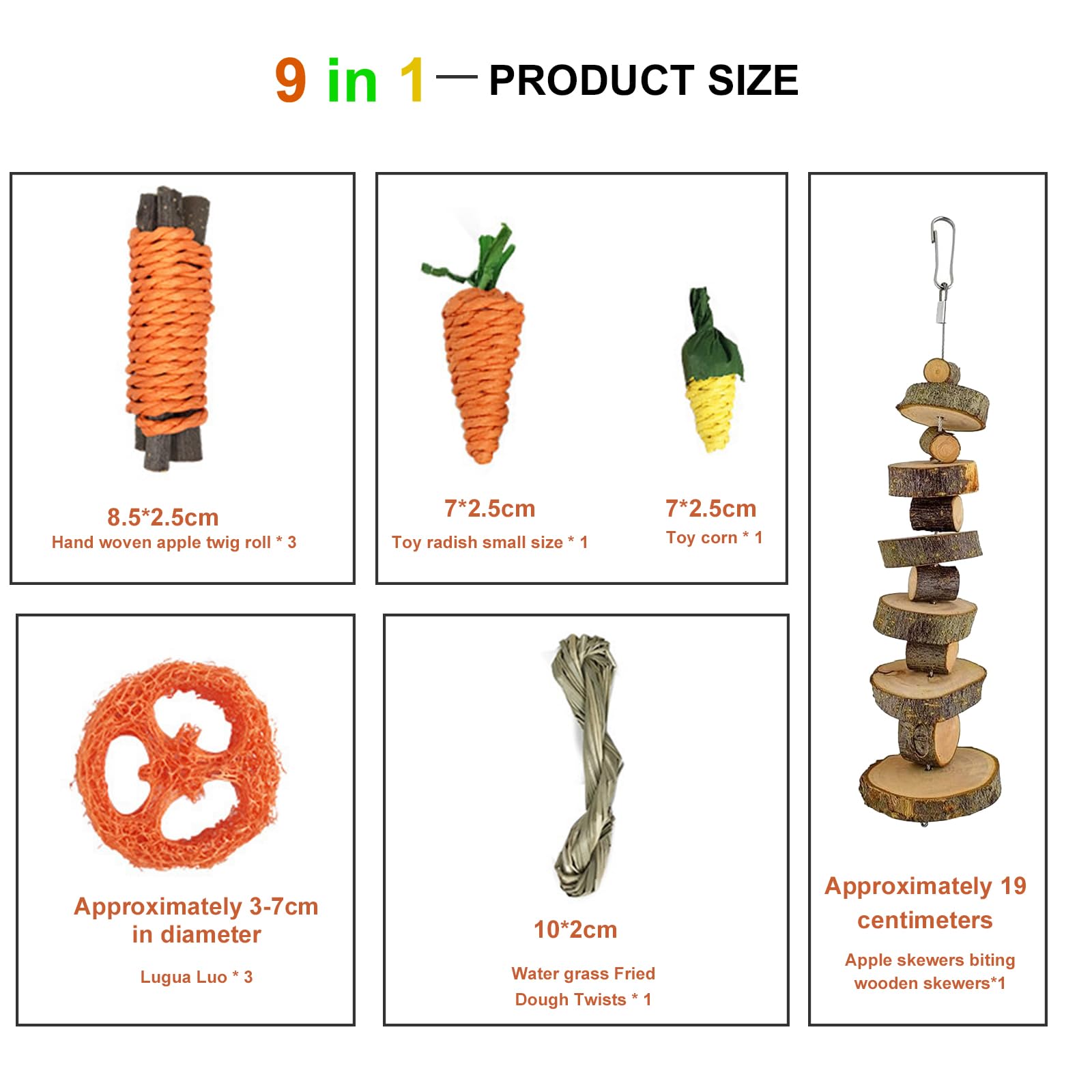 Hamster Chew toys, 9 In 1 Hamster Toys, Hamster Chew Toys Set Small Animal Toys Teeth Care Wooden Accessories, Carrots Corn Chew Toys for Rabbit Guinea Pig Hamster Chinchilla - Image 2