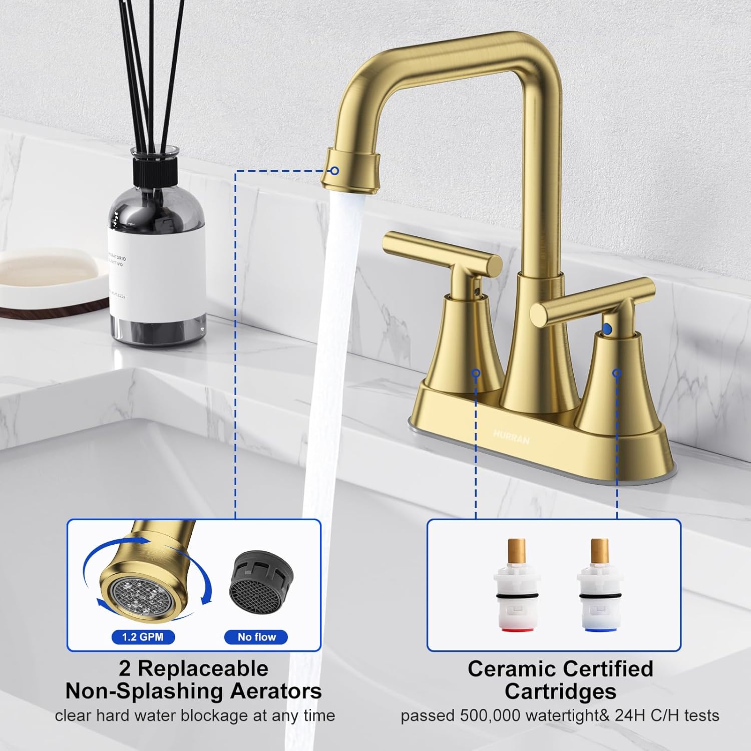 Bathroom Sink Faucet, Hurran 4 inch Brushed Gold Bathroom Faucets for Sink 3 Hole with Pop-up Drain and Supply Hoses, 360 Swivel Spout 2-Handle Centerset Faucet for Vanity RV Farmhouse