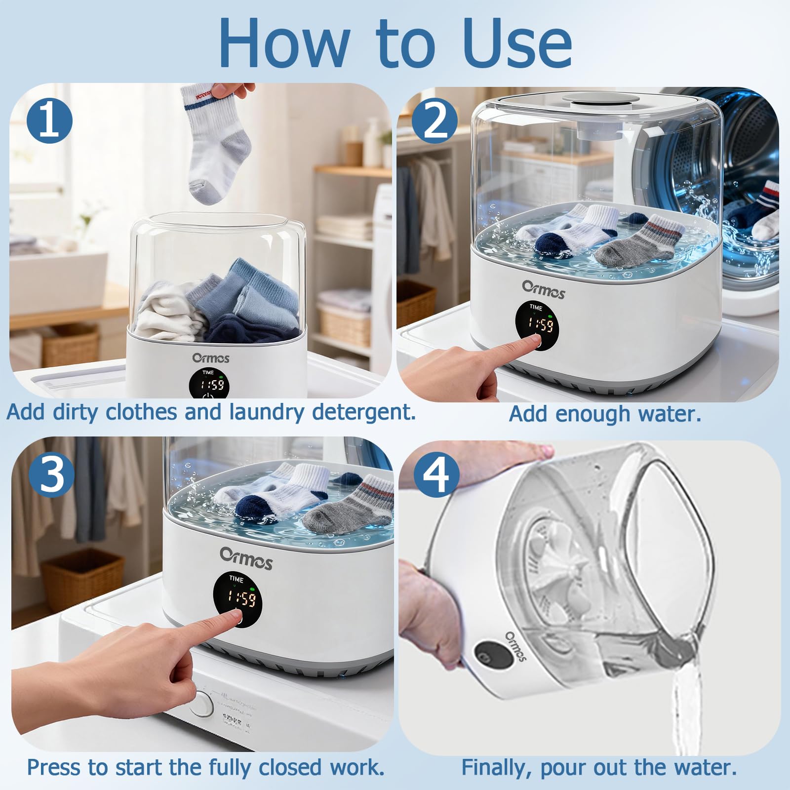 ORMOS - Mini lavadora inalámbrica recargable USB portátil, 3 L para delicados, calcetines y ropa interior, diseño silencioso, compacto para recámara, viajes y espacios pequeños