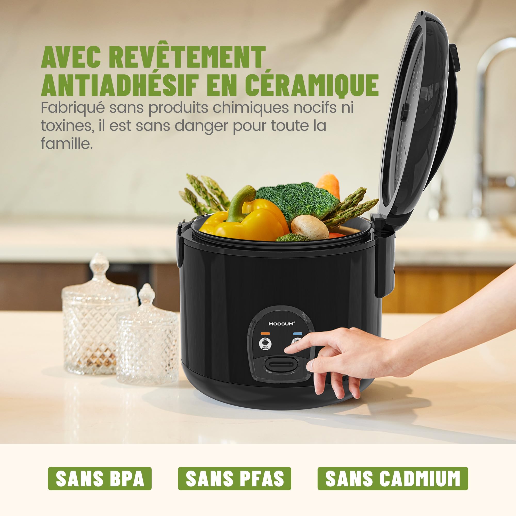 Cuiseur riz (rice cooker) & cuiseur à vapeur Noir avec fonction de maintien au chaud - 0,8 l pour 2-5 personnes - Revêtement céramique avec insert pour cuiseur à vapeur,Noir