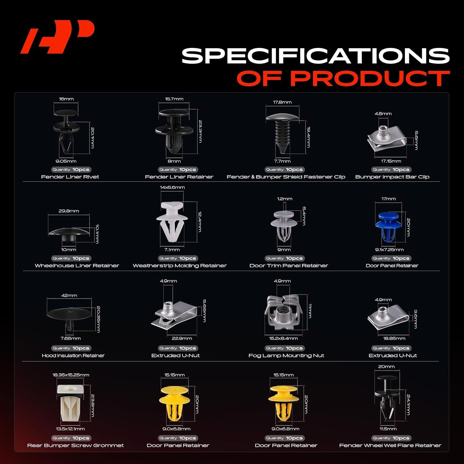 A-Premium 250Pcs 49.28 oz Nylon Bumper Retainer Clips Fender Fasteners Door Trim Panel Weatherstrip Auto Push Pin Plastic Rivets Kit Compatible with Chevrolet Malibu 2016-2024, with Removal Tool