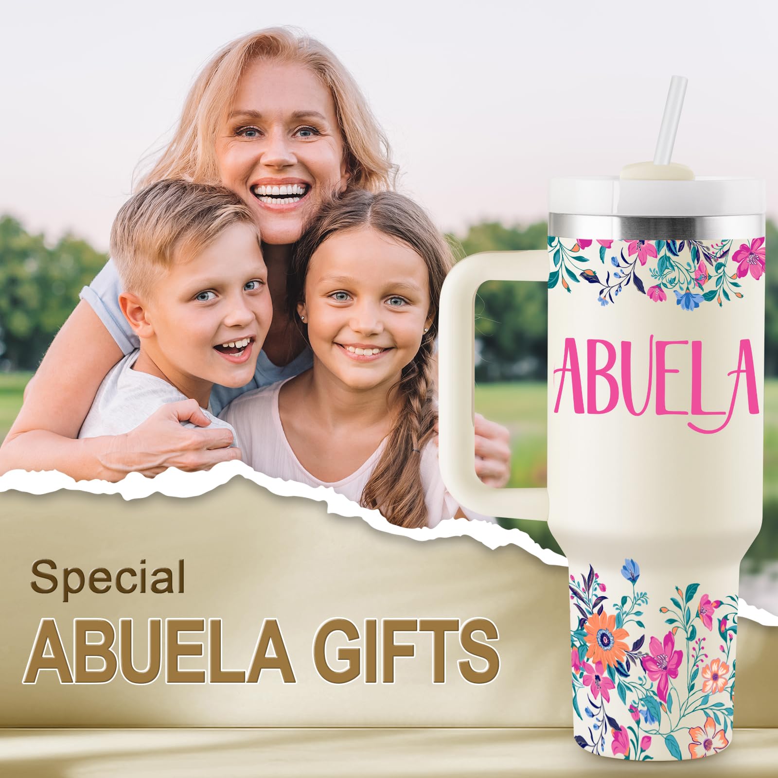 ROSTANTEN Abuela Gifts - Abuela Birthday Gifts in Spanish from Grandkids - Regalos Para Abuela - Abuela Mothers Day Gift - 40oz Travel Cup Insulated Tumbler with Lid & Straw