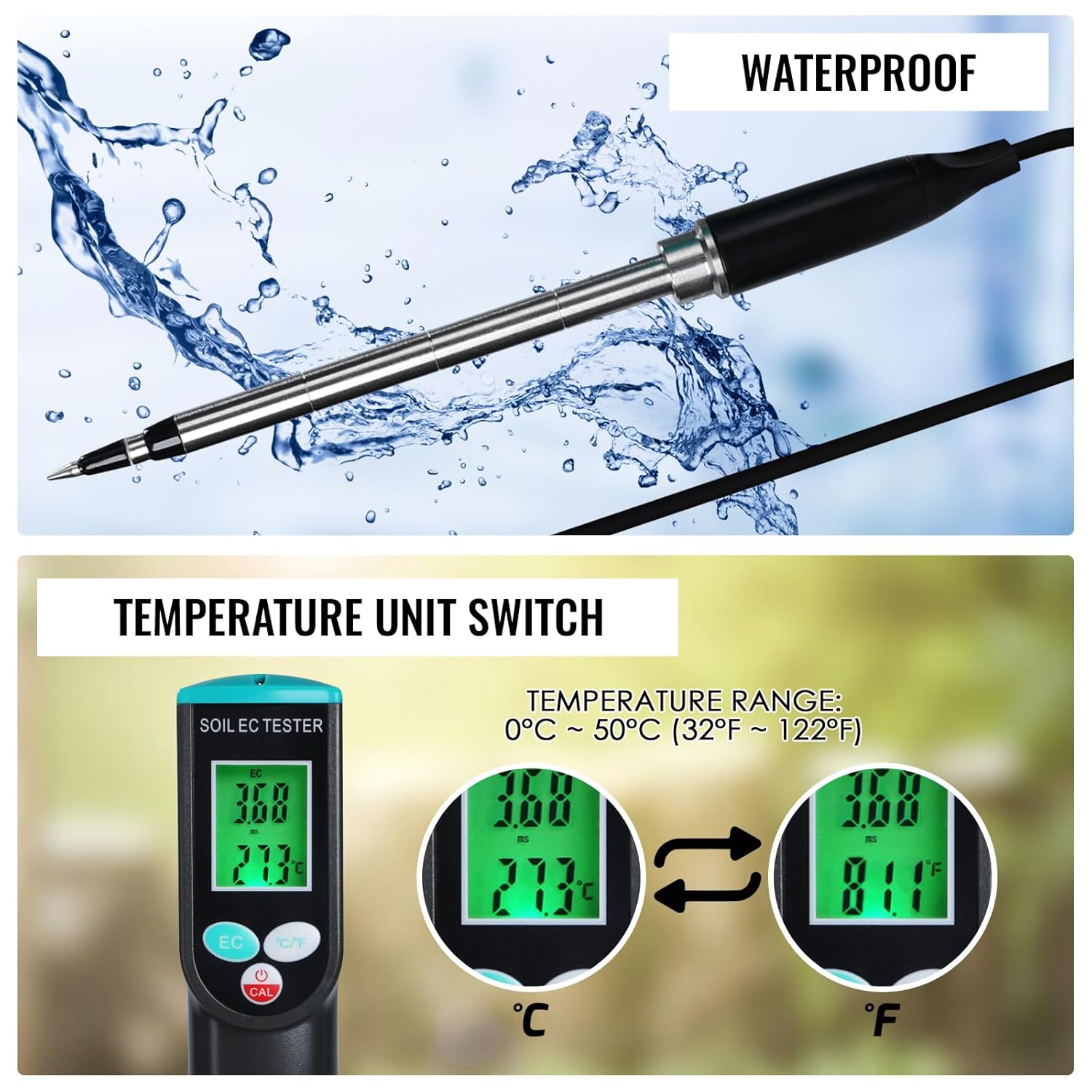 Soil EC & Temperature Meter, 2-in-1 Waterproof Digital Soil Tester with ATC, High Accuracy EC Sensor for Soil Salinity/Temperature Portable Soil Meter for Gardening, Farming Lawn Indoor/Outdoor Plants