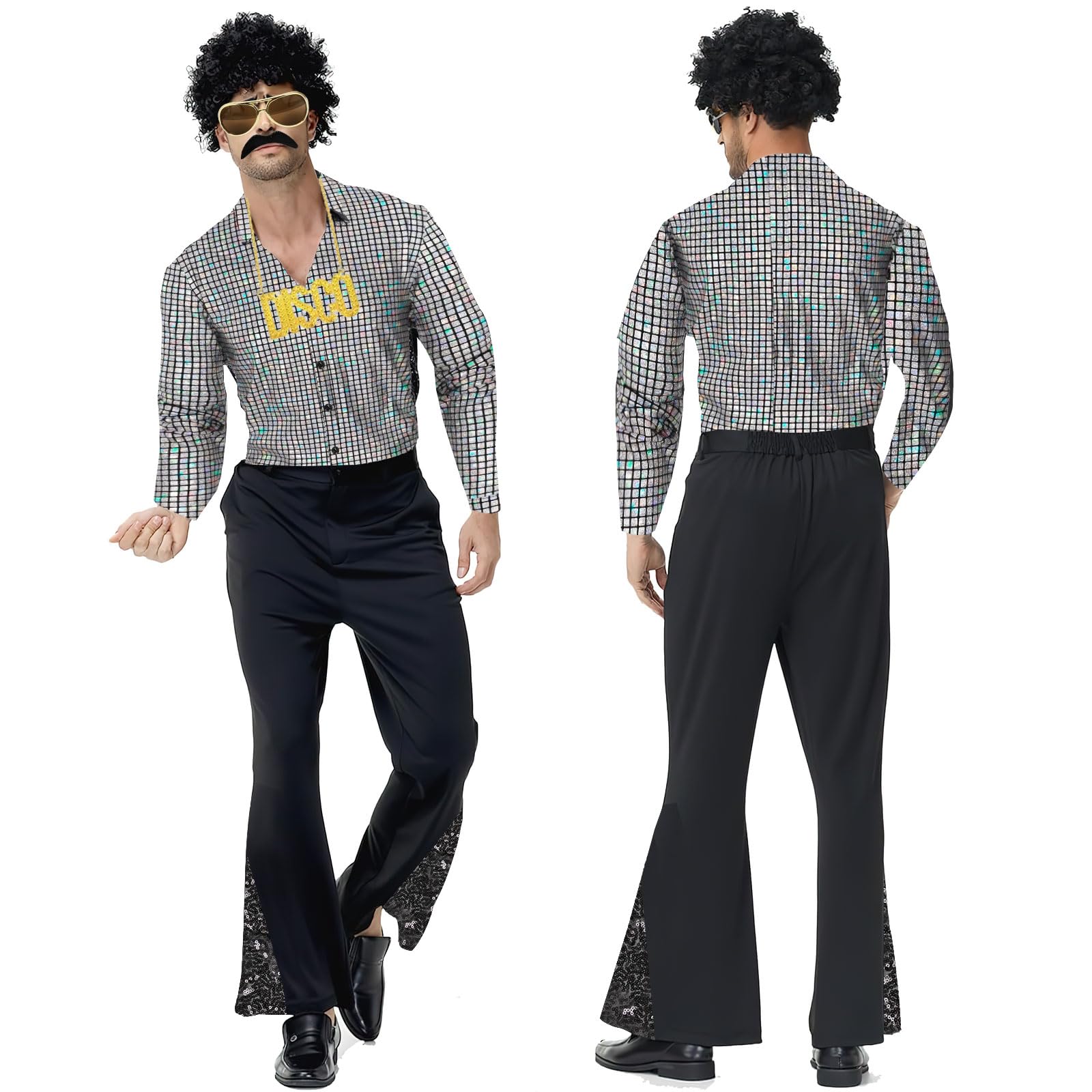 Malloom 70s Outfits for Men 6 Pcs Disco Outfit Retro Costume with Bell Bottom Pants for Disco Party (Silver) (XXL) - Image 2