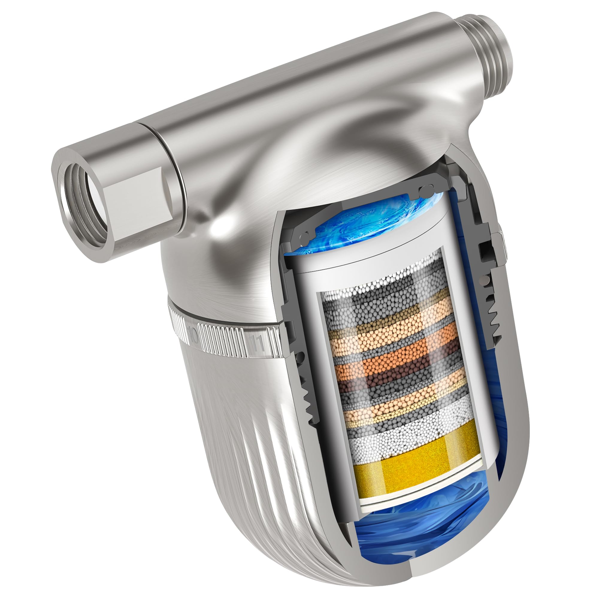 Filtre de douche Cobbe eau dure, fini nickel brossé pour la salle de bain