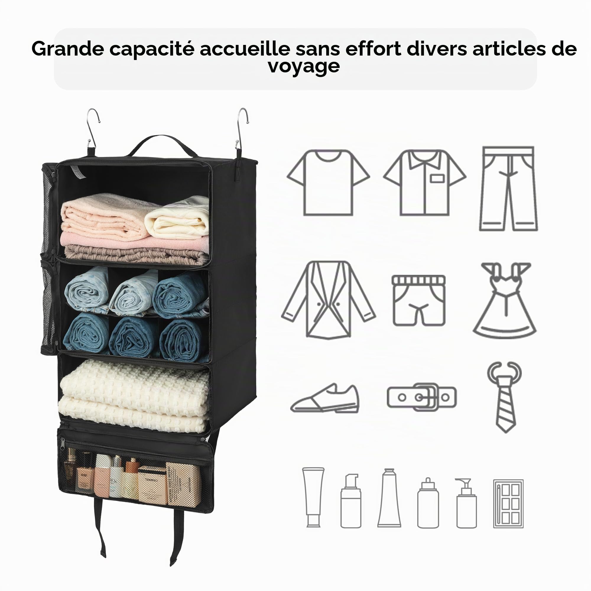 GRANNY SAYS Rangement Suspendu, Grand Organisateur de valises Suspendu Pliable, Cube d'emballage Portable Cube d'emballage à Suspendre Sac de Rangement pour valises et Bagages Noir