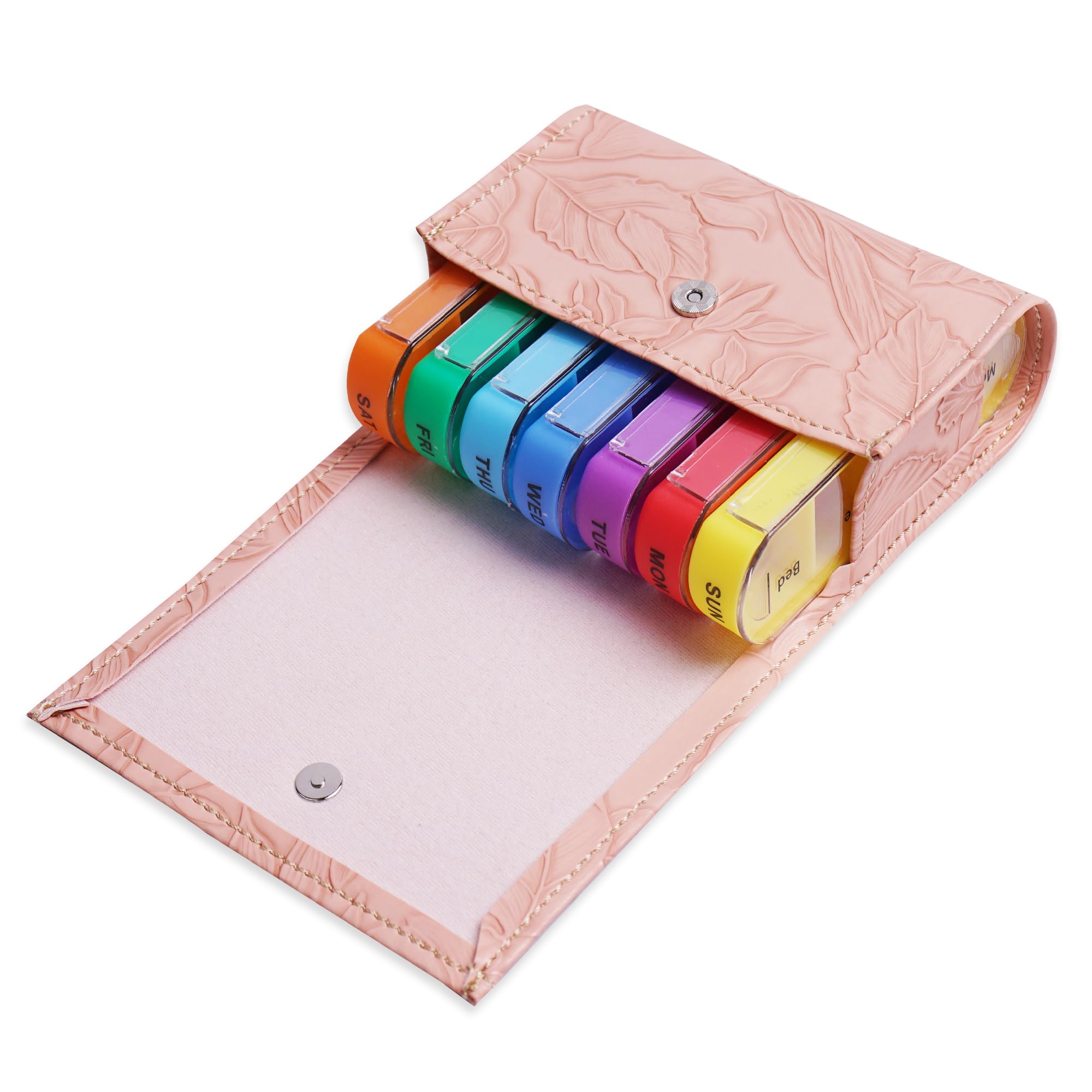 Pill Organizer,LIZIMANDU Weekly Travel Pill Case Box Medication Reminder Daily AM PM, Day Night 7 Compartments,for 4 Times A Day, 7 Days a Week-Includes Leather PU Carrying Case(1-Carved Pink)