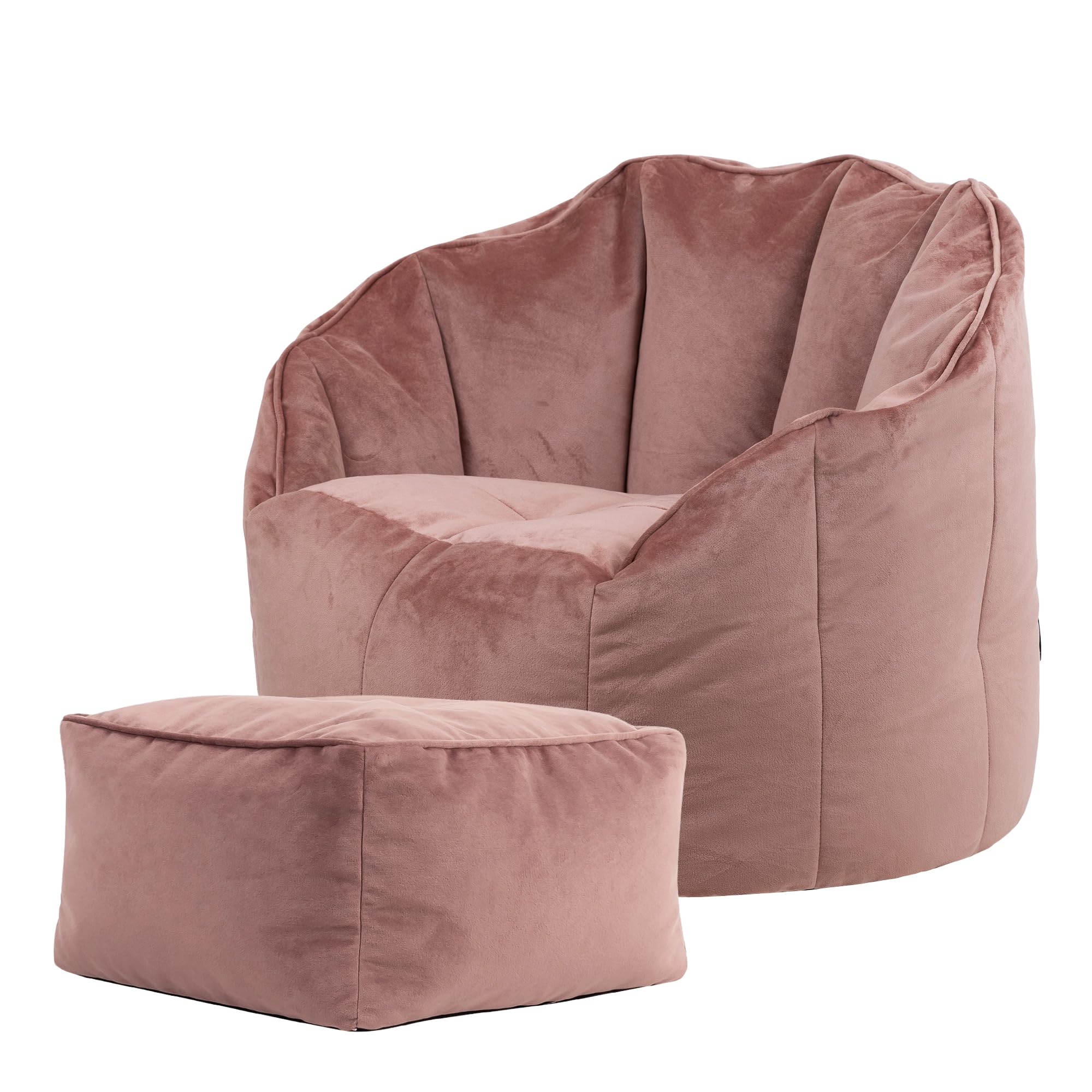 Icon Sirena Sitzsack Sessel mit Hocker für Erwachsene, Rosa, Flauschiger Samtstoff, Riesen Sitzsack Samt mit Füllung, Bean Bag Chair, Bequemer Sessel Wohnzimmer, Lounge, Schlafzimmer, Büro
