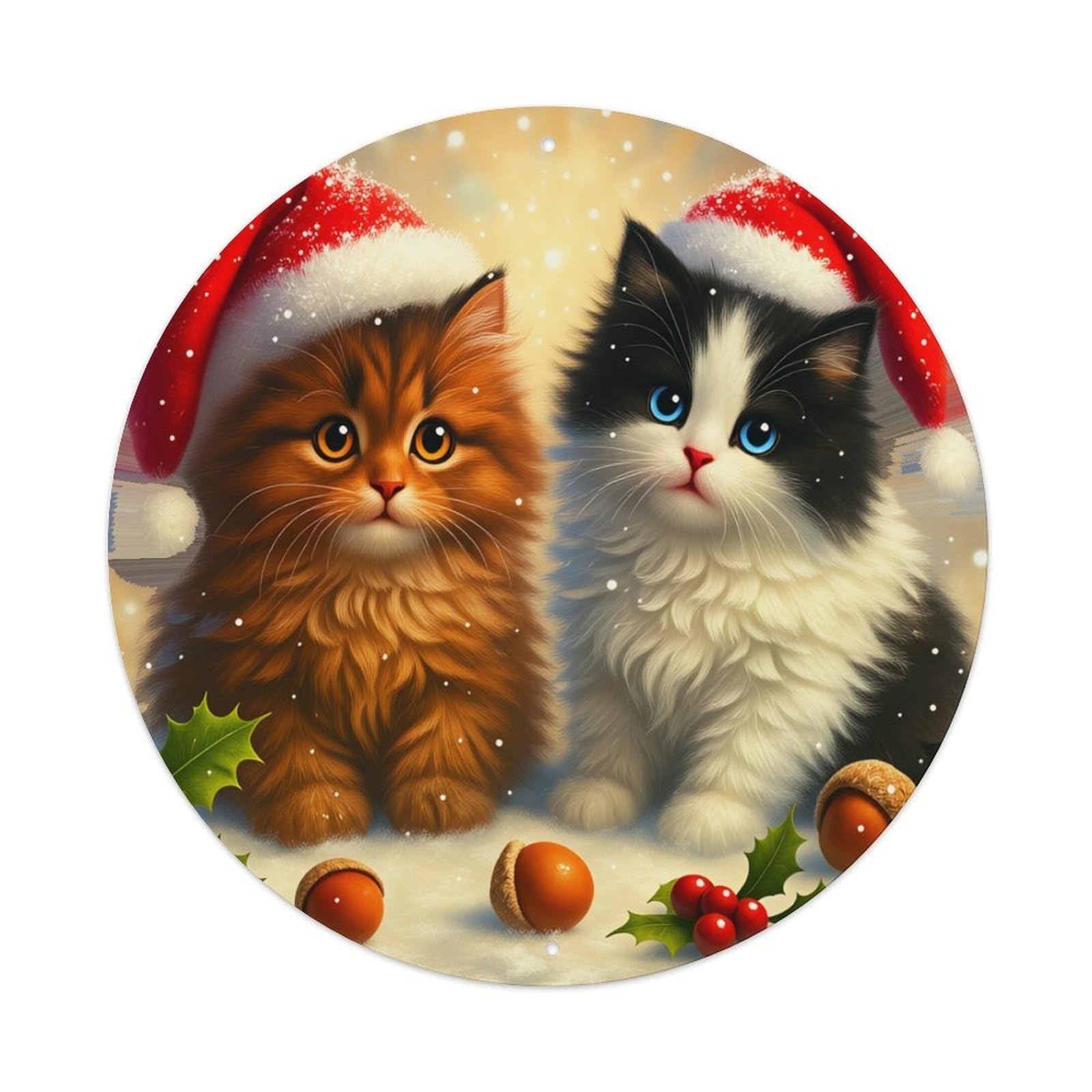 Christmas Cats With Hats And Acorns Round Tin Sign Retro Metal Sign for Cafe Bar Pub Home Game Room Gym Club Wall Decoration Vintage Metal Poster 8x8 Inch