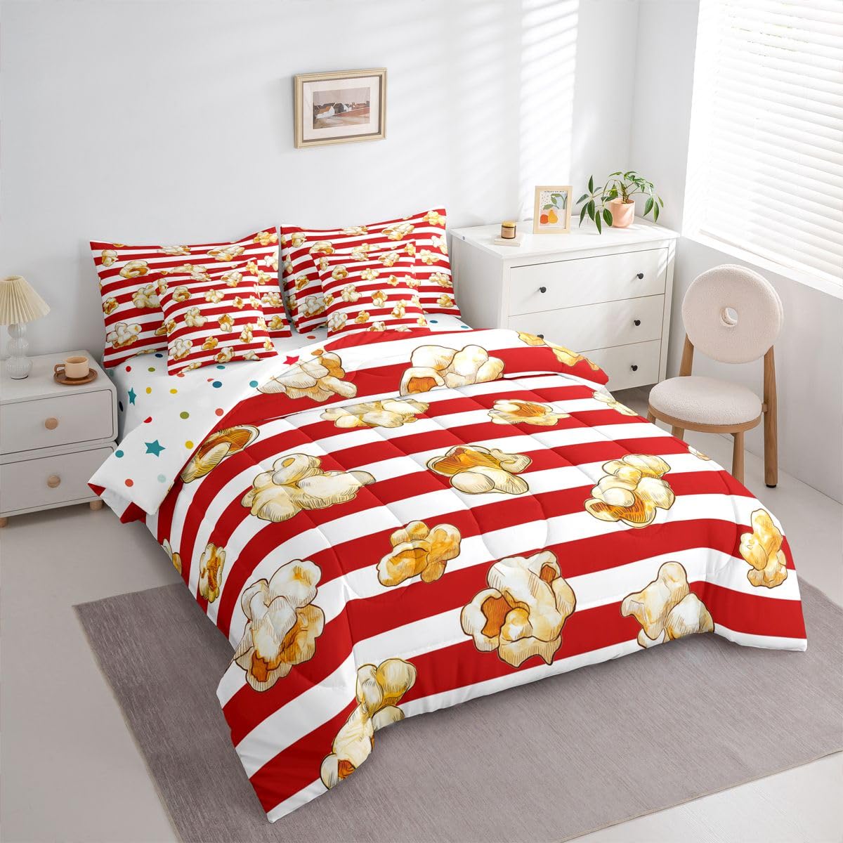 Homemissing Tema del film Piumino Letto con lenzuola 7 pezzi 135x200cm Popcorn Stampa Letto Trapuntato per ragazzi strisce con Piumino Geometric Room Decor