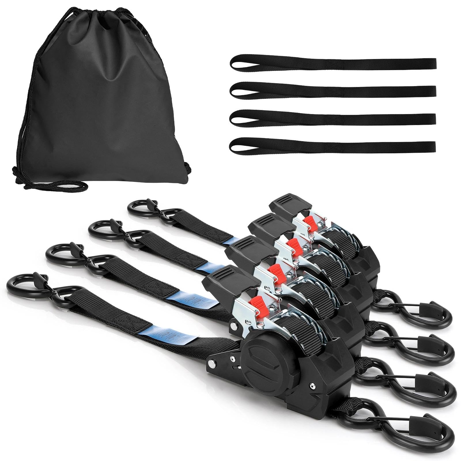 4 Stück Automatik Spanngurt 3m 25mm mit S Haken,Spanngurte Selbstaufrollend | 350kg/700kg, Einziehbare Spanngurte mit Ratsche für Motorrad, Kajak, Nutzfahrzeug, Lieferwagen und LKW