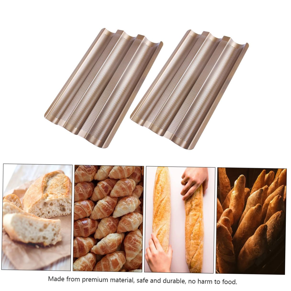 Baluue 2 pièces Moule à Baguette Français Acier Doré Compartiments Perforés Antiadhésif Conduction Rapide pour Cuisson Uniforme Lot
