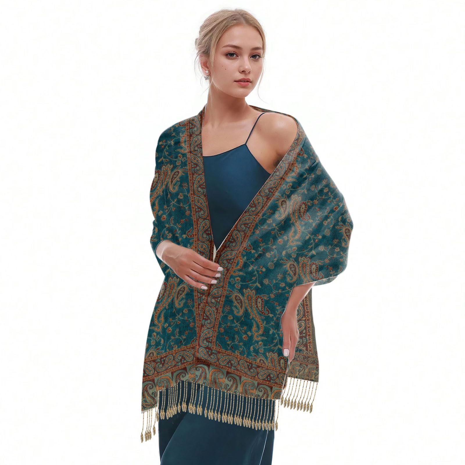 Women Pashmina Shawls and Wraps Jacquard Scarf Soft Silky Reversible Bohemian Shawl Scarf (Green)