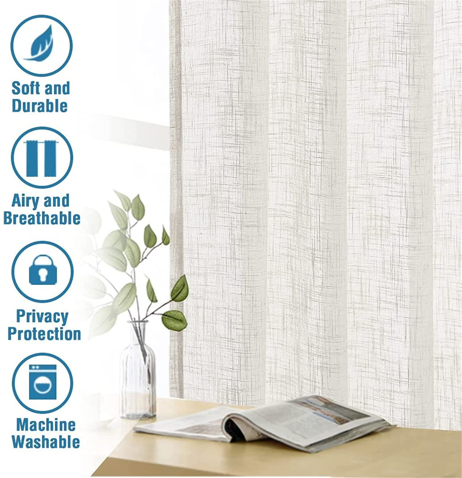 Tende in Misto Lino Naturale per Soggiorno - Tela di Lino Testurizzate, Filtranti Leggere, Semitrasparenti Con Passanti Nascosti, 2 Pezzi (Off White, 2x 132x213 cm)