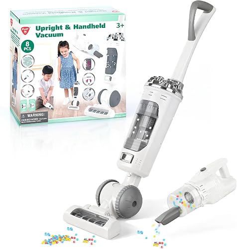 Kids Vacuum Cleaner Toy Set for Toddlers - 2PCS Toy Vacuum Sets for Toddlers 3+ Toddler Vacuum Toy That Works with Sound Effects, Baby Play Vacuum Pretend Role Play Household Housekeeping (White)