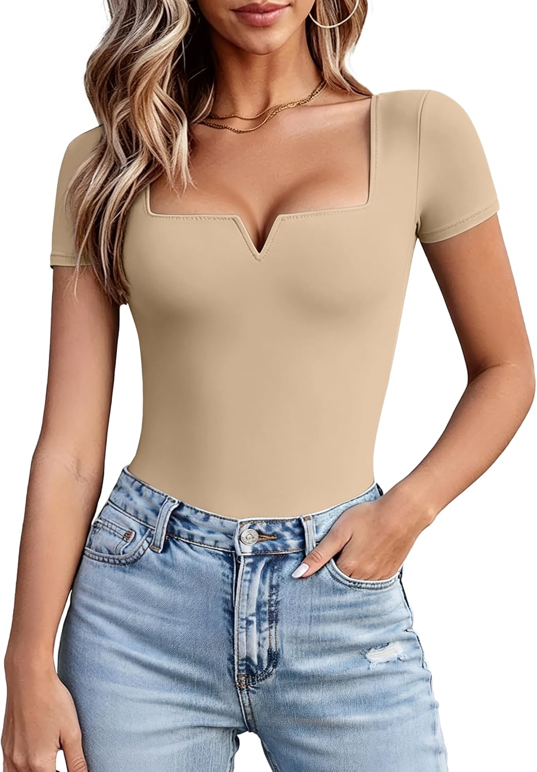Avidlove Bodysuits for Womens Short Sleeve Square Neck Body suits Sexy V Neck T Shirt Summer Going Out Tops