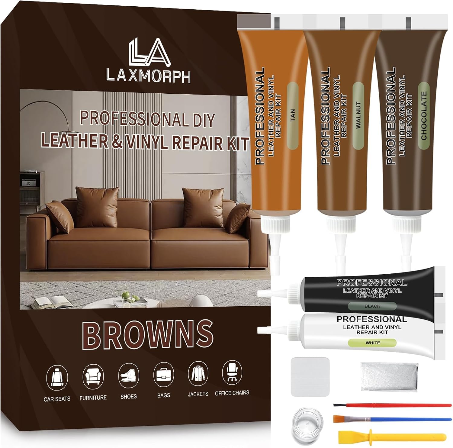 Laxmorph Braunes Lederreparaturset für Möbel - Lederfarben-Restaurator für Sofa, Autositze, Jacken und mehr Risse und Brandlöcher reparieren, Bonded, Italian, Pleather, Genuine restaurieren