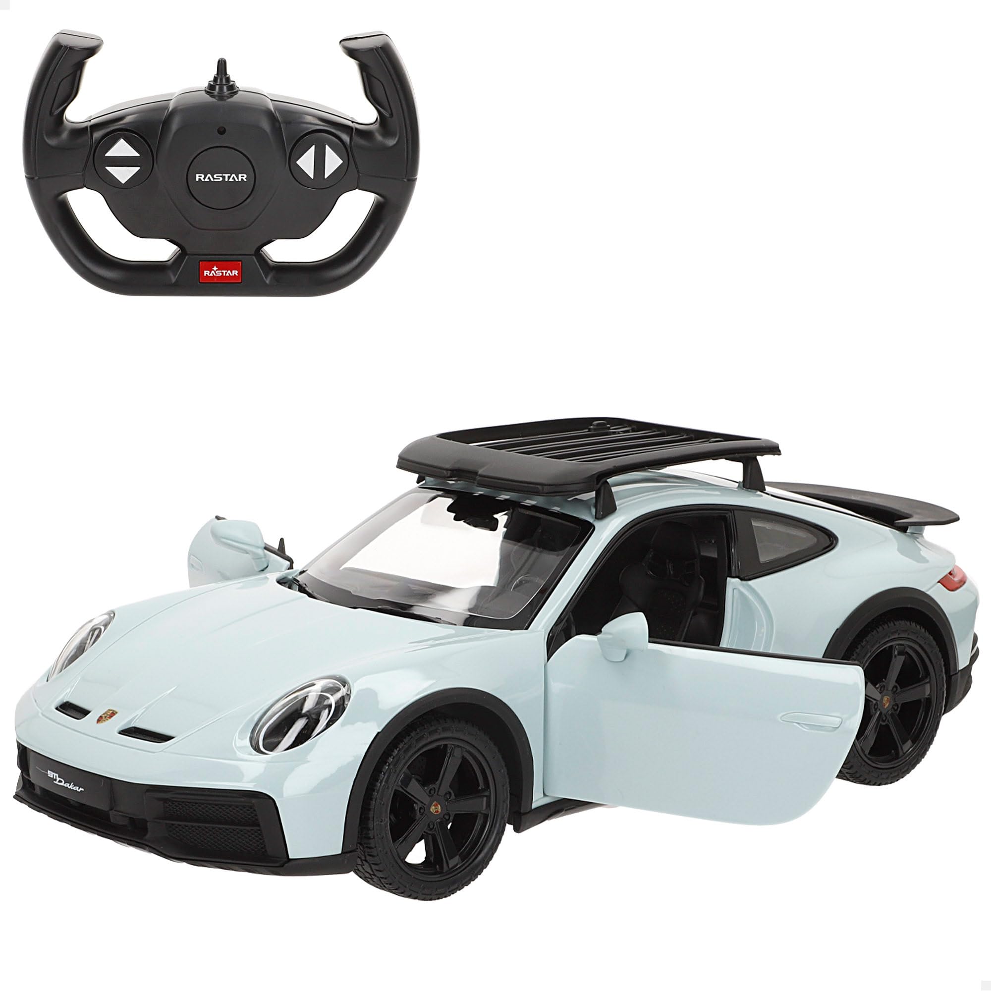 ColorBaby RASTAR Porsche 911 Dakar, samochód zdalnie sterowany, w skali 1:14, ze światłami przednimi, ręcznie otwieranymi drzwiami i bagażnikami, 6 funkcji, oficjalna licencja, od 6 lat (41327)