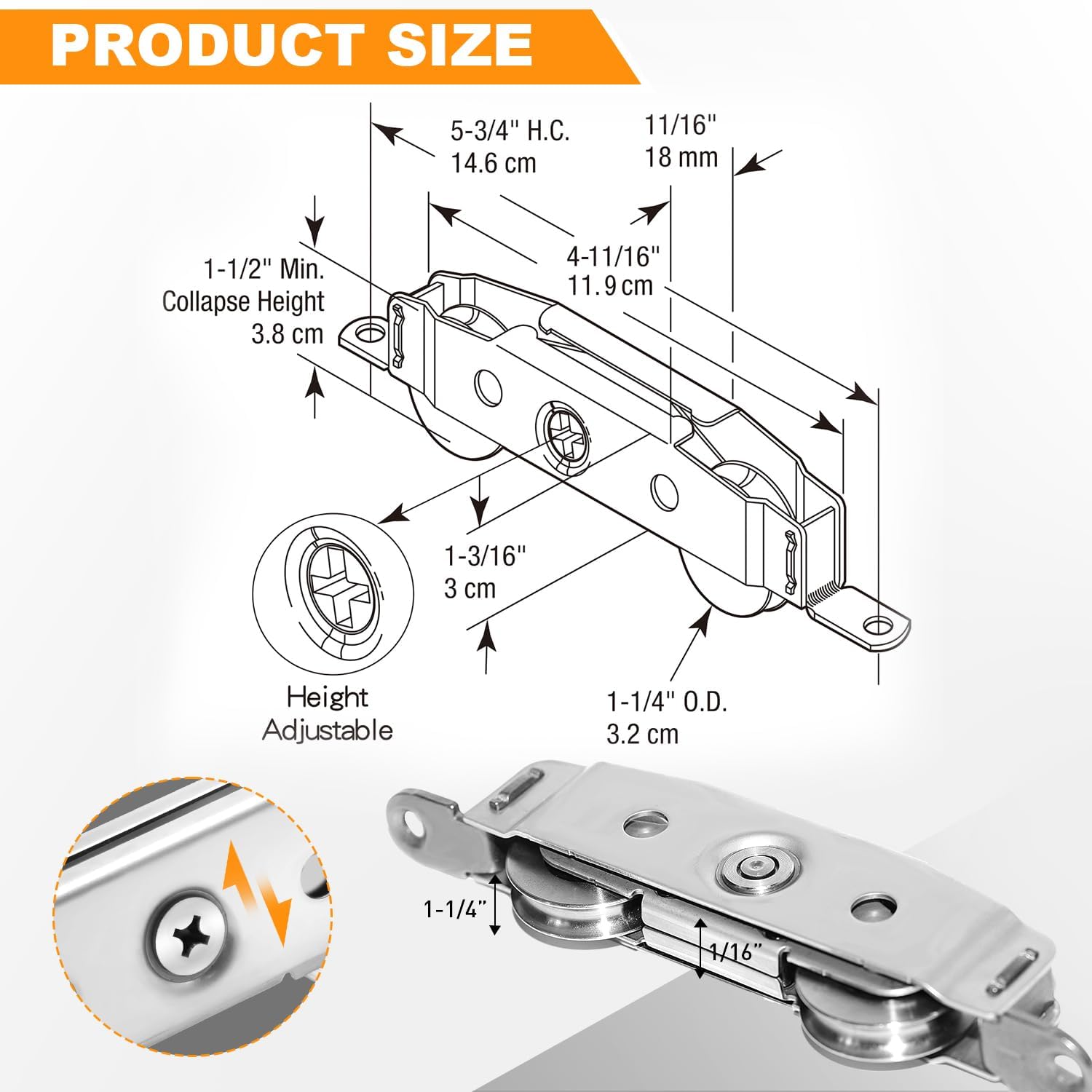 Sliding Door Rollers 2 Pack, 304 Stainless Steel Sliding Door Rollers Replacement, Height Adjustable Sliding Glass Door Rollers for Patio Sliding Glass Door, Heavy Duty Hold Up to 300 Ib
