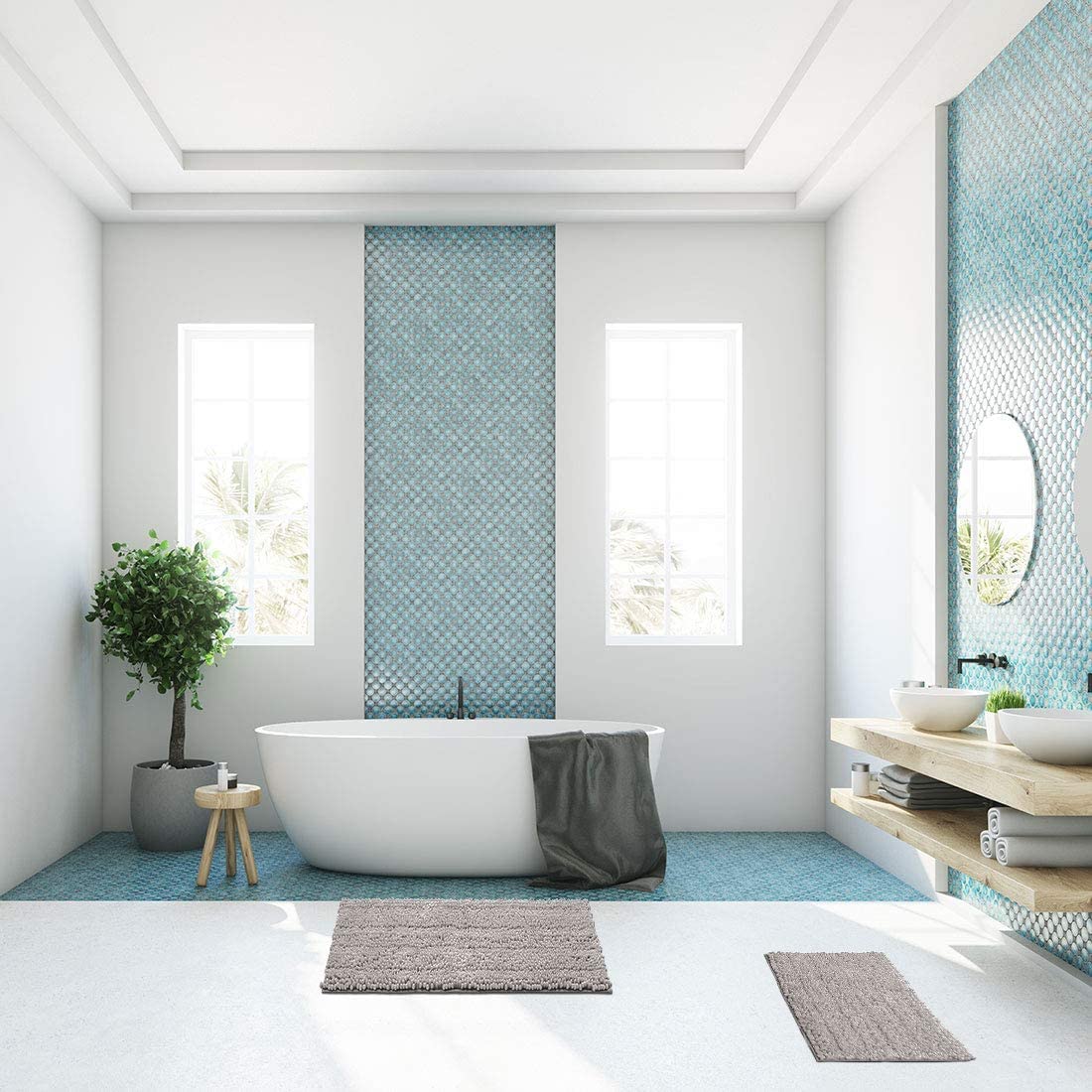 XYWHPGV Tapis de Bain Super épais à Rayures Douces en Chenille Shaggy Tapis de Bain au lavables en Machine pour Salle de Bain, Tapis de Bain Absorbant l'eau Rapide et antidérapant, Gris 17 'x24' + 20