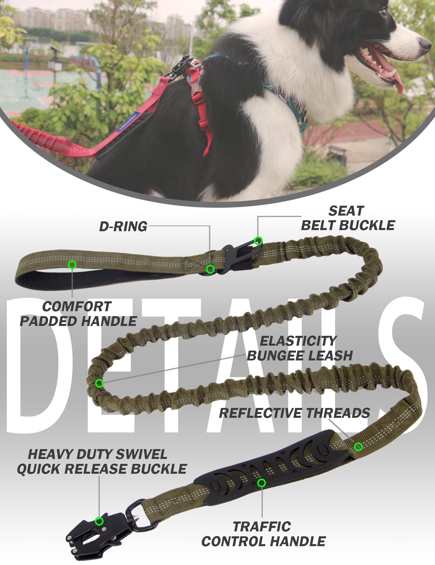 NOOKNAK Tactical Dog Leash, 6FT Heavy Duty Reflective Bungee Dog Leash with Quick Release/Locking Frog Clip, 4 in 1 Shock Absorbing Training Leashes for Medium Large Dogs (Black+Green)